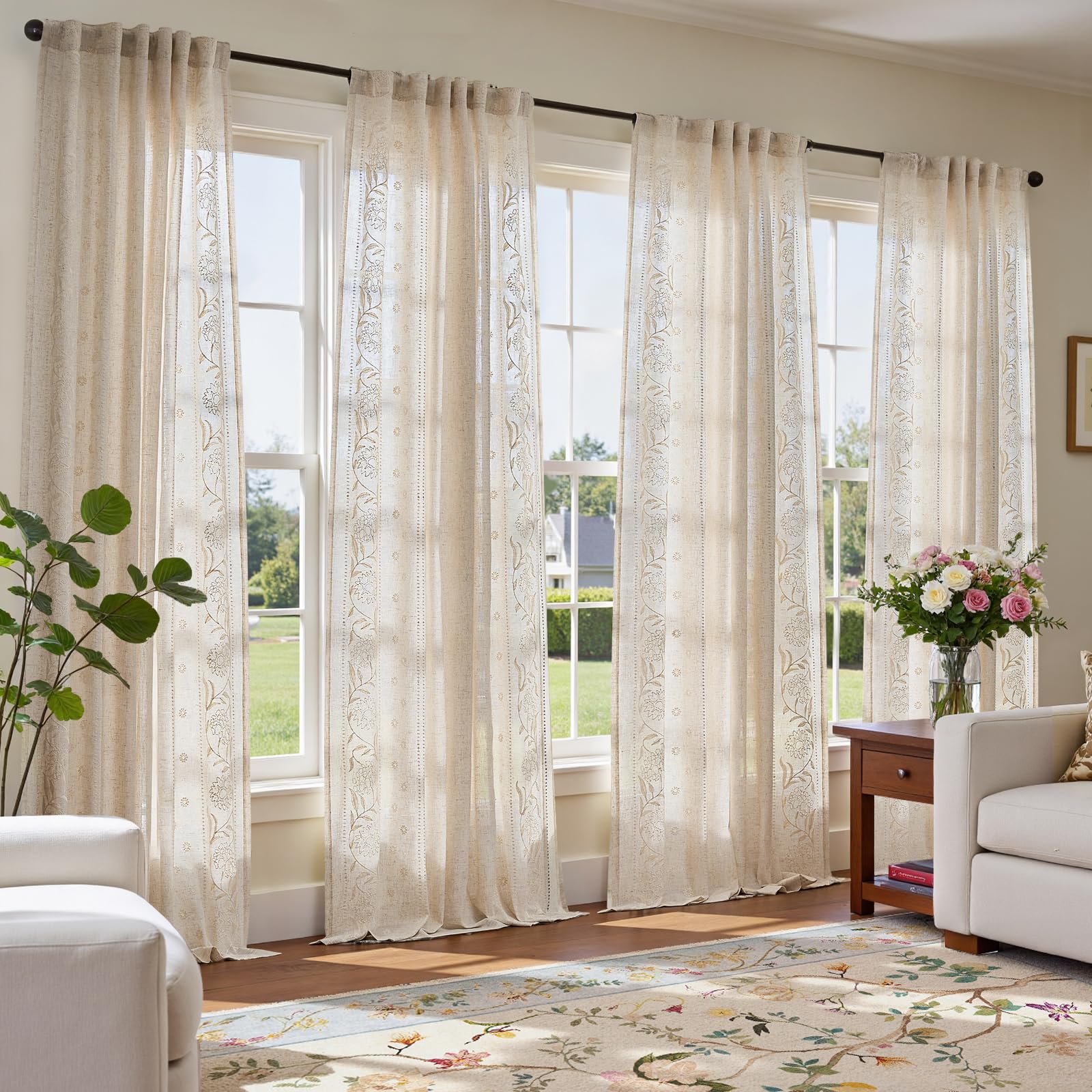 jinchan Winslow Linen Curtains for Bedroom 84 Inches Length Embroidered Bordered Floral Curtains for Living Room Farmhouse Decor Light Filtering Window Treatments Sage on Beige Drapes 2 Panels