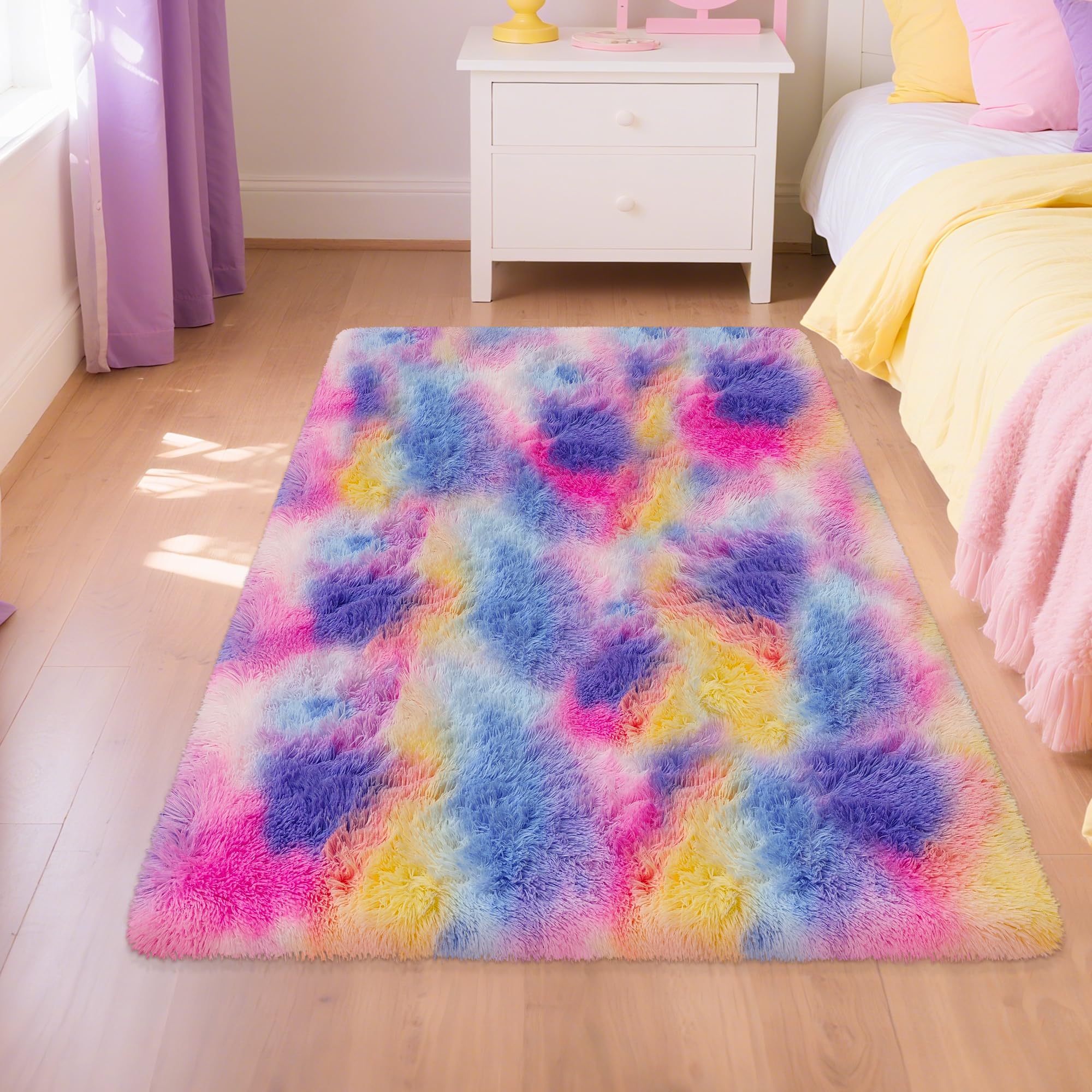 5x8 Ft Light Grey Large Area Rugs for Bedroom,Fluffy Furry Rug Floor Carpets Shaggy Playing Mat for Kids Baby Girls Room Nursery Home Decor Tie Dyed Gray Thick Rugs Fuzzy Home Decor