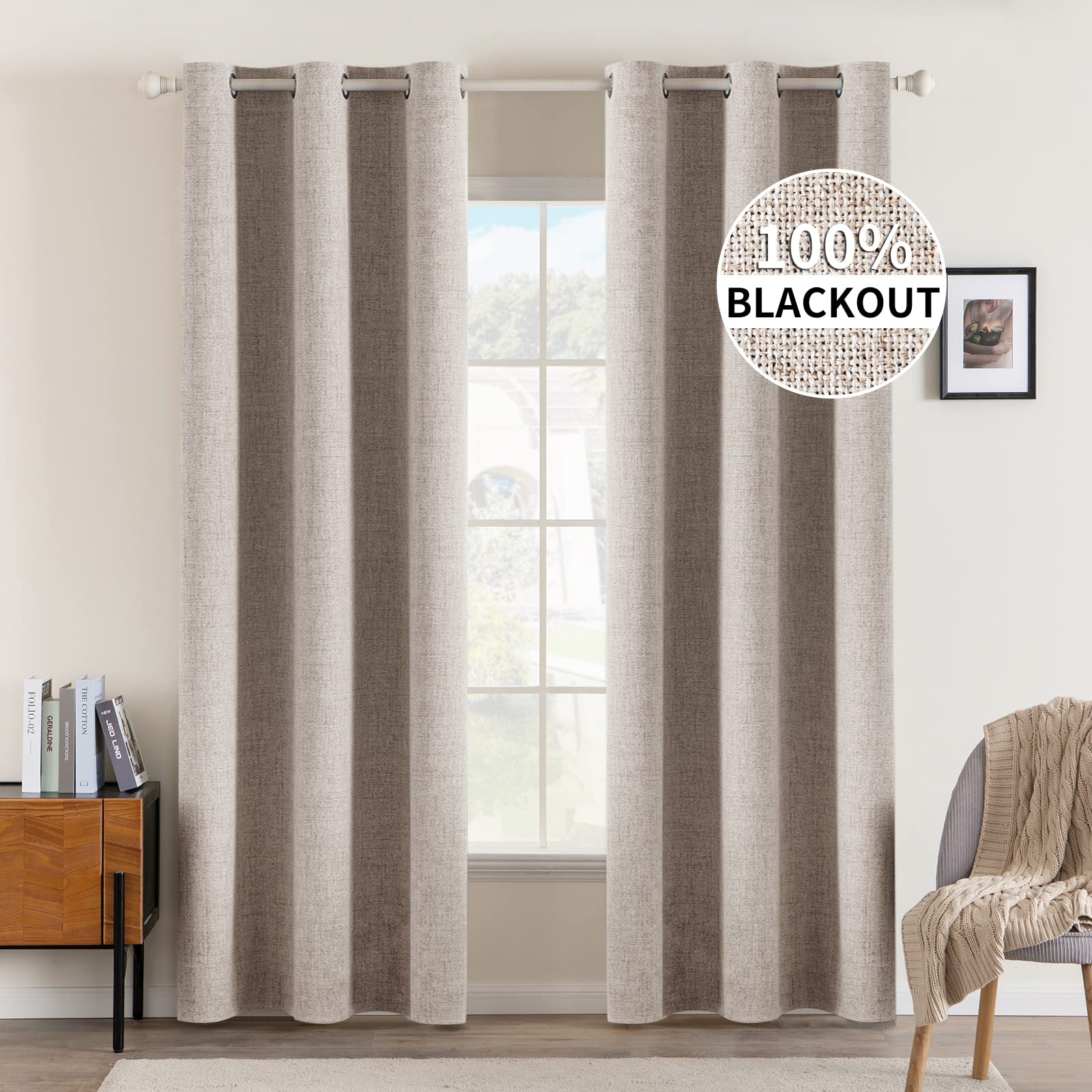 MIULEE 100% Blackout Linen Curtains for Bedroom Thermal Insulated Birch Grommet Room Darkening Curtains & Drapes for Living Room Nursery 52 x 96 Inch (2 Panels)