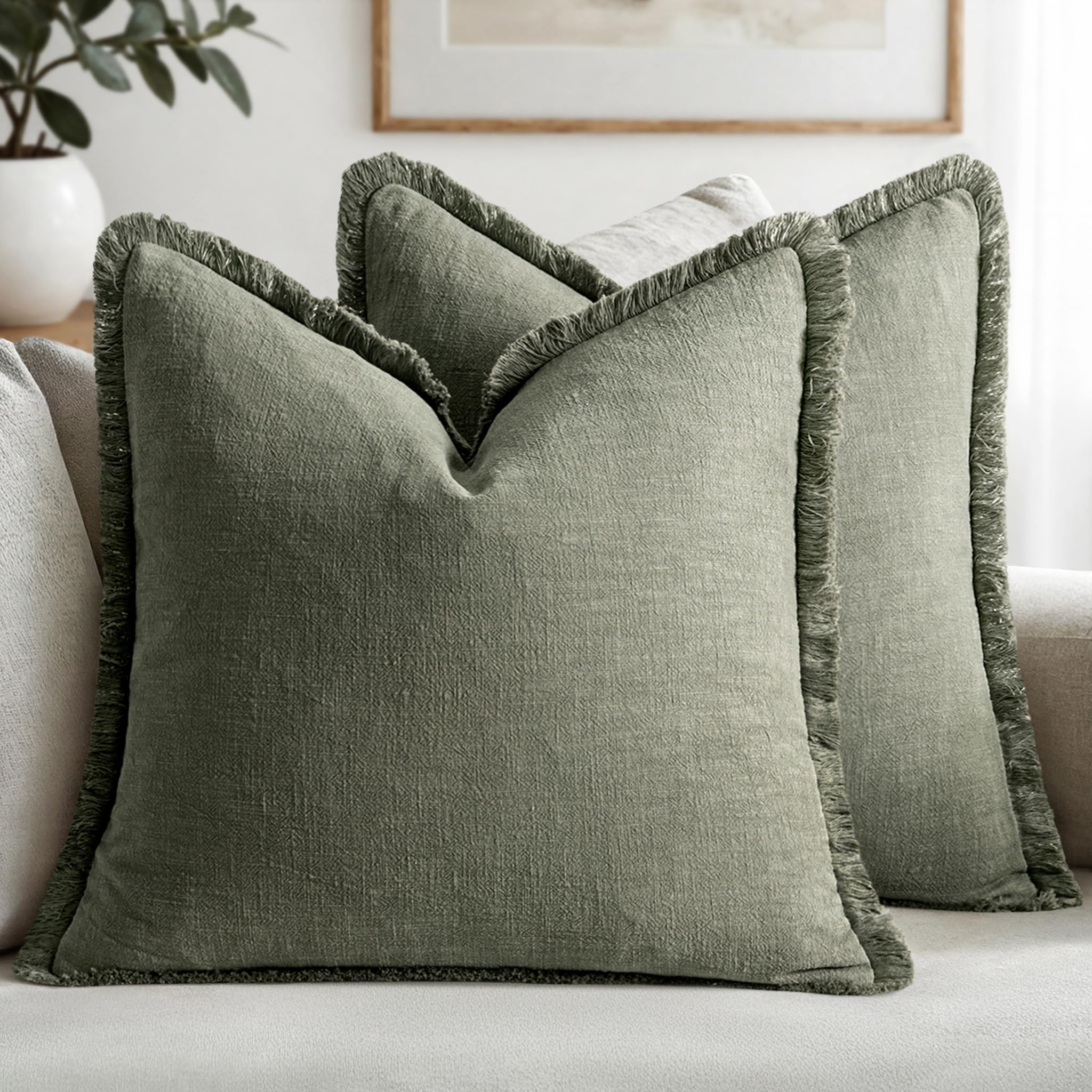 MIULEE Decorative Throw Pillow Covers Neutral Linen Fringe Throw Pillows Euro Shams Set of 2 Sage Green Boho Farmhouse Cushion Covers for Couch Sofa Bed Living Room Spring Home Decor 26x26 Inch