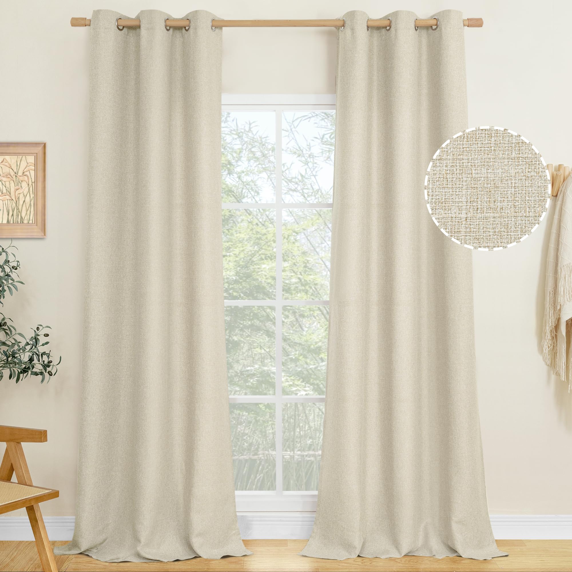 LAMIT Natural Beige Linen Curtains for Bedroom, 84 inches Grommet Thermal Insulated Thick Burlap Farmhouse Neutral Curtains Noise Reducing Light Filtering Drapes for Living Room, 2 Panels, W60 x L84