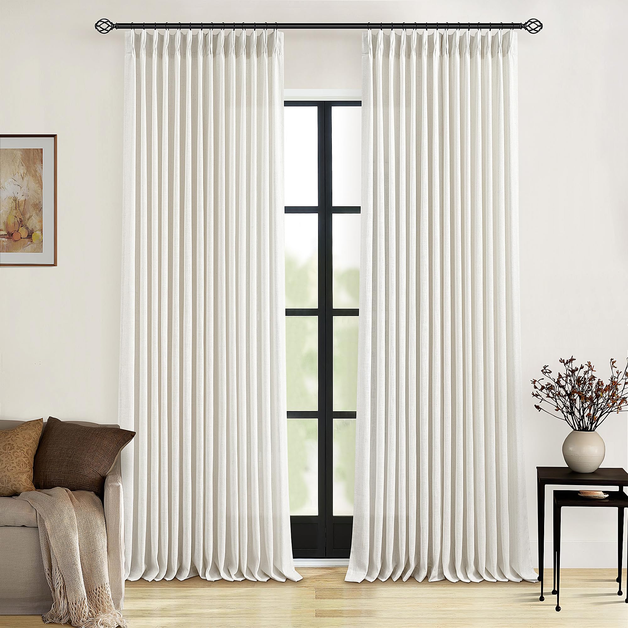 90 Inch Pinch Pleated Linen Curtains 2 Panel Set for Living Room Cream Natural Thick Linen Textured Drapes 90 Inches Long Pinch Pleat Drapes Birch Ivory Semi Sheer Curtain for Dining Bedroom Office