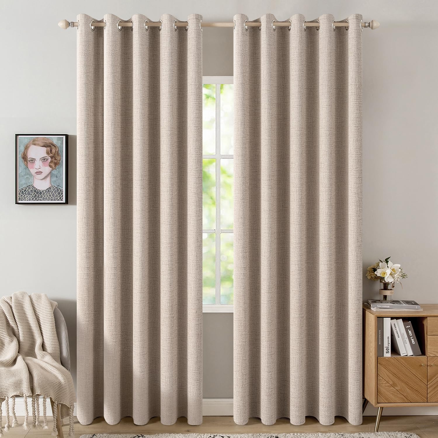 MIULEE 100% Blackout Linen Curtains for Bedroom Thermal Insulated Birch Grommet Room Darkening Curtains & Drapes for Living Room Nursery 52 x 96 Inch (2 Panels)