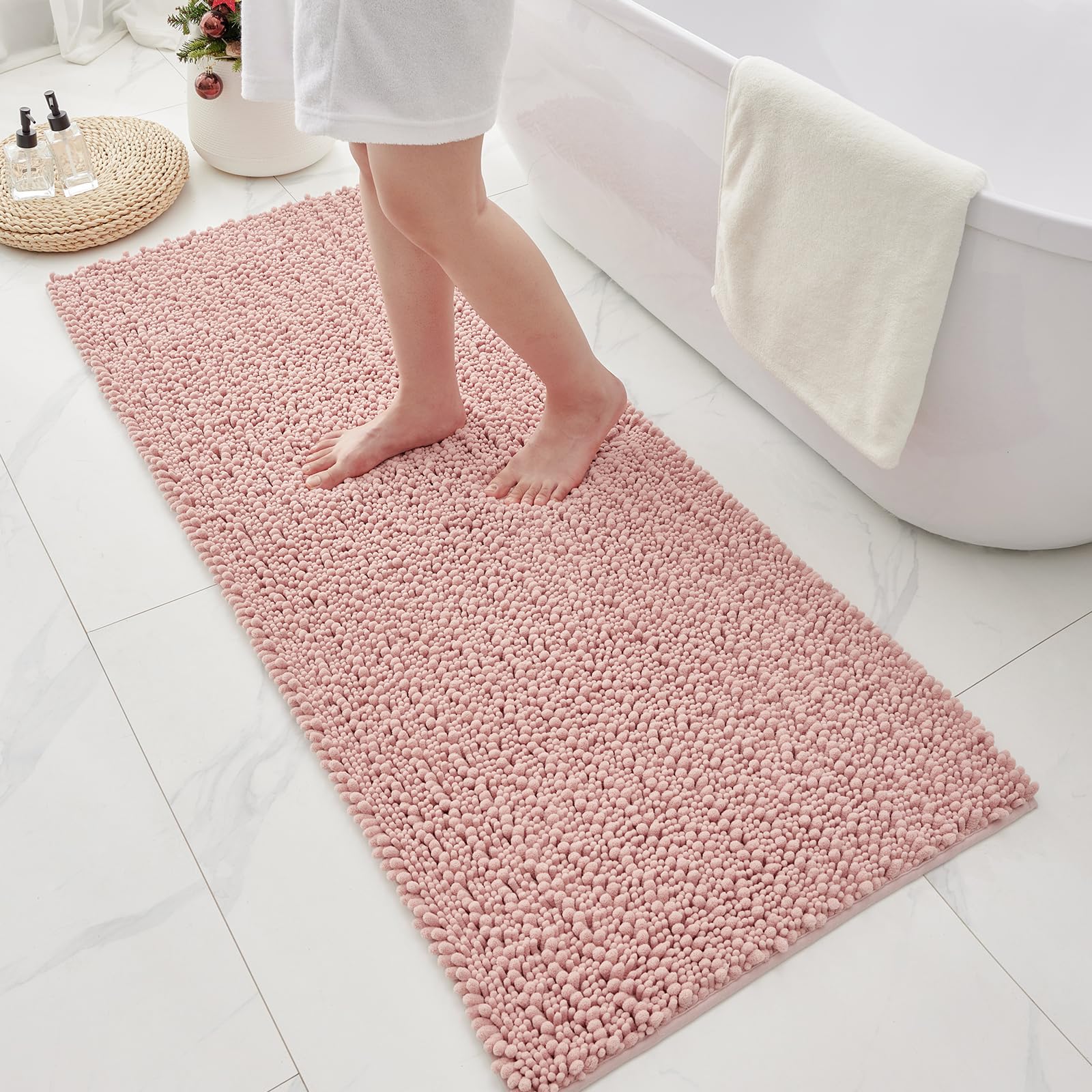 Bathroom Rugs Non Slip Washable 70x24, Extra Thick Soft Chenille Absorbent Bath Mat, High Density Barrier Non Slip Backing, Quick Dry Plush Shaggy Floor Carpet for Tub&Shower, White