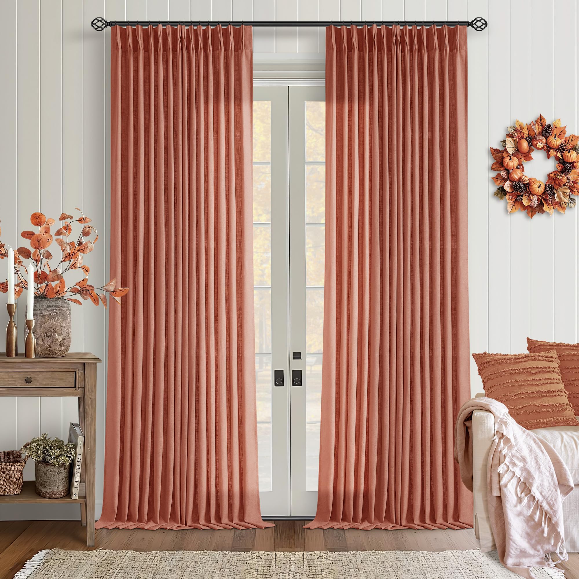 90 Inch Pinch Pleated Linen Curtains 2 Panel Set for Living Room Cream Natural Thick Linen Textured Drapes 90 Inches Long Pinch Pleat Drapes Birch Ivory Semi Sheer Curtain for Dining Bedroom Office