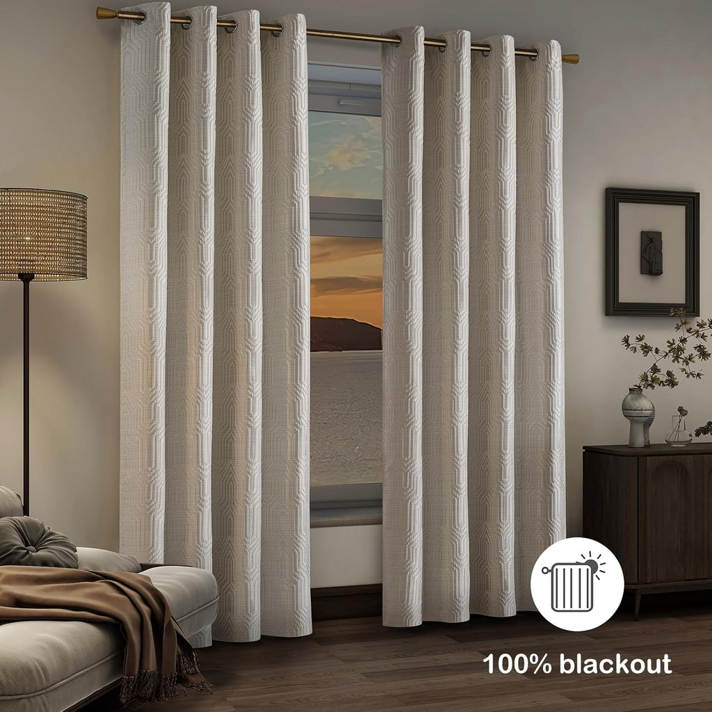Beige and Silvery 100% Blackout Jacquard Geometric Pattern Curtains,52 Inch Wide 84 Inches Long 2 Panels, Thermal Insulated Noise Reducing Anti-Rust Grommet Drapes for Bedroom Living Room, Cream