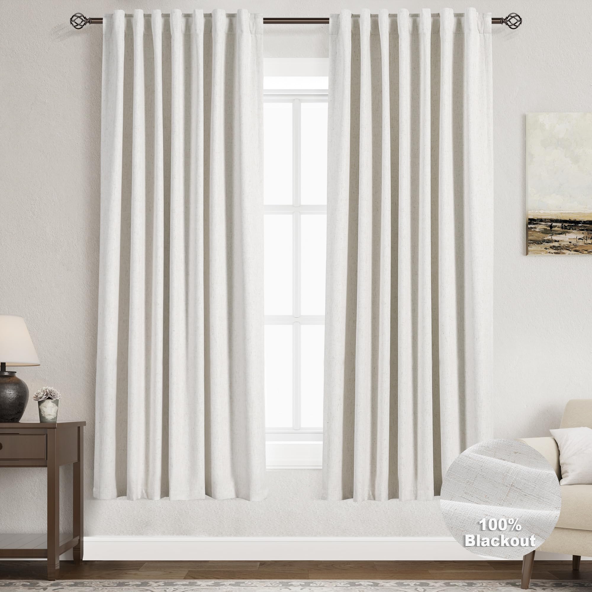 Nanspring Light Grey 100% Blackout Linen Curtains for Bedroom 90 Inches Long Back Tab Thermal Insulated Modern Luxury Simple Black Out Curtain for Living Room Dining Room Drapes 52x90, 2 Panels