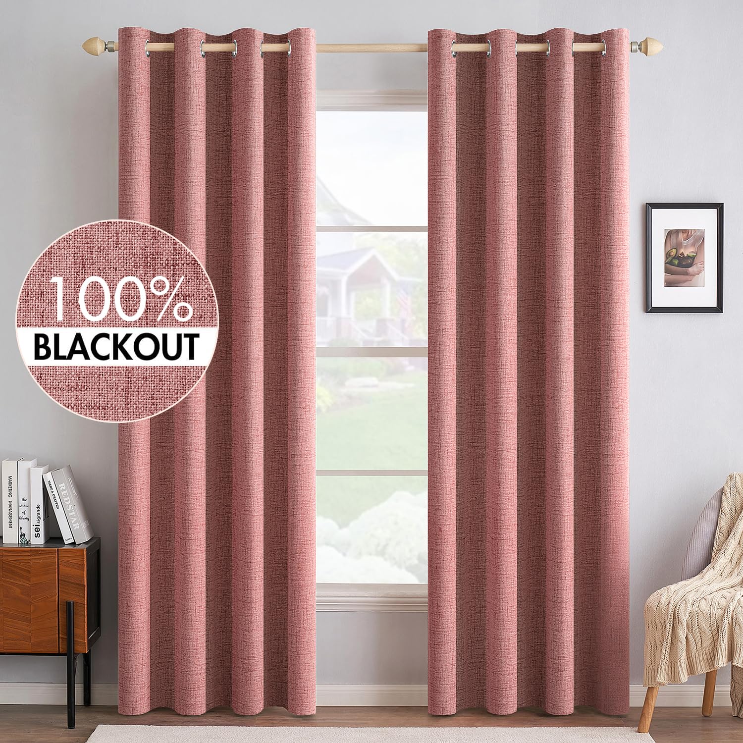 MIULEE 100% Blackout Linen Curtains for Bedroom Thermal Insulated Birch Grommet Room Darkening Curtains & Drapes for Living Room Nursery 52 x 96 Inch (2 Panels)