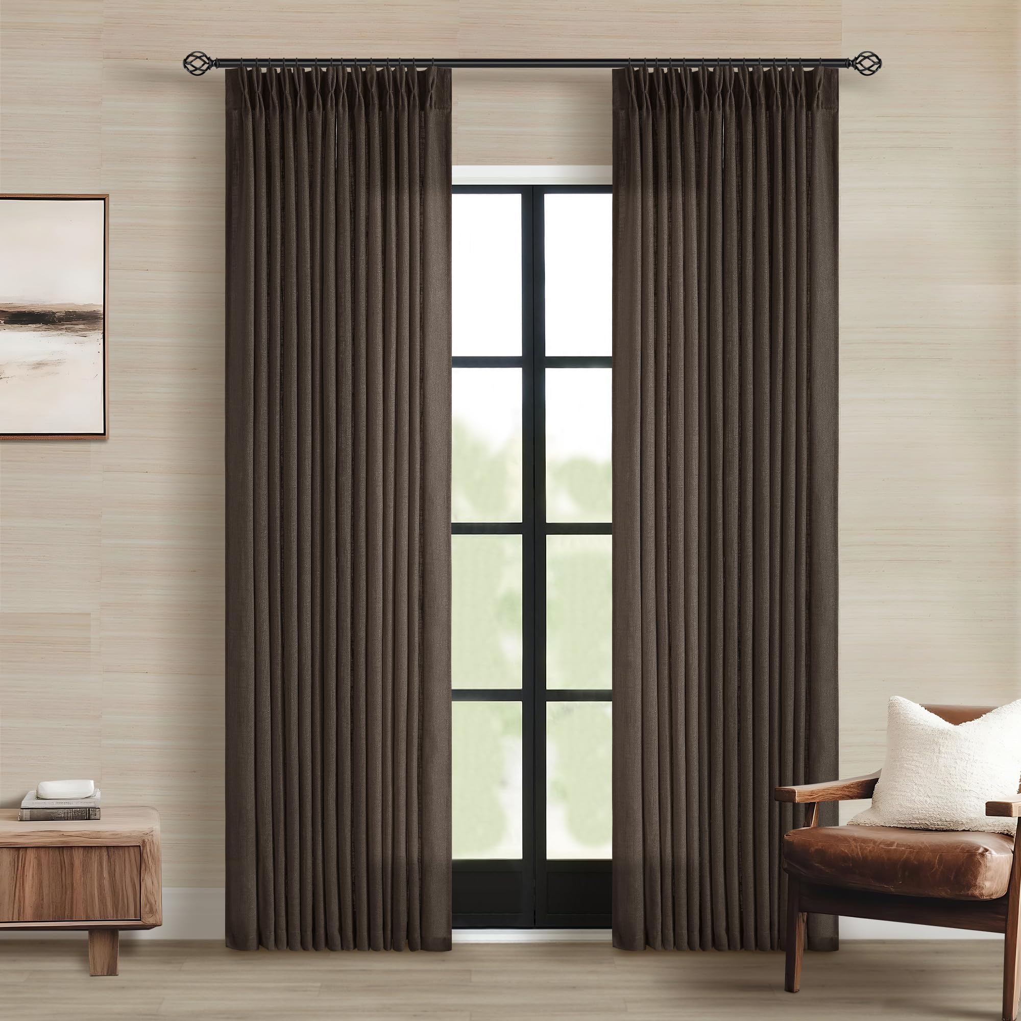 90 Inch Pinch Pleated Linen Curtains 2 Panel Set for Living Room Cream Natural Thick Linen Textured Drapes 90 Inches Long Pinch Pleat Drapes Birch Ivory Semi Sheer Curtain for Dining Bedroom Office