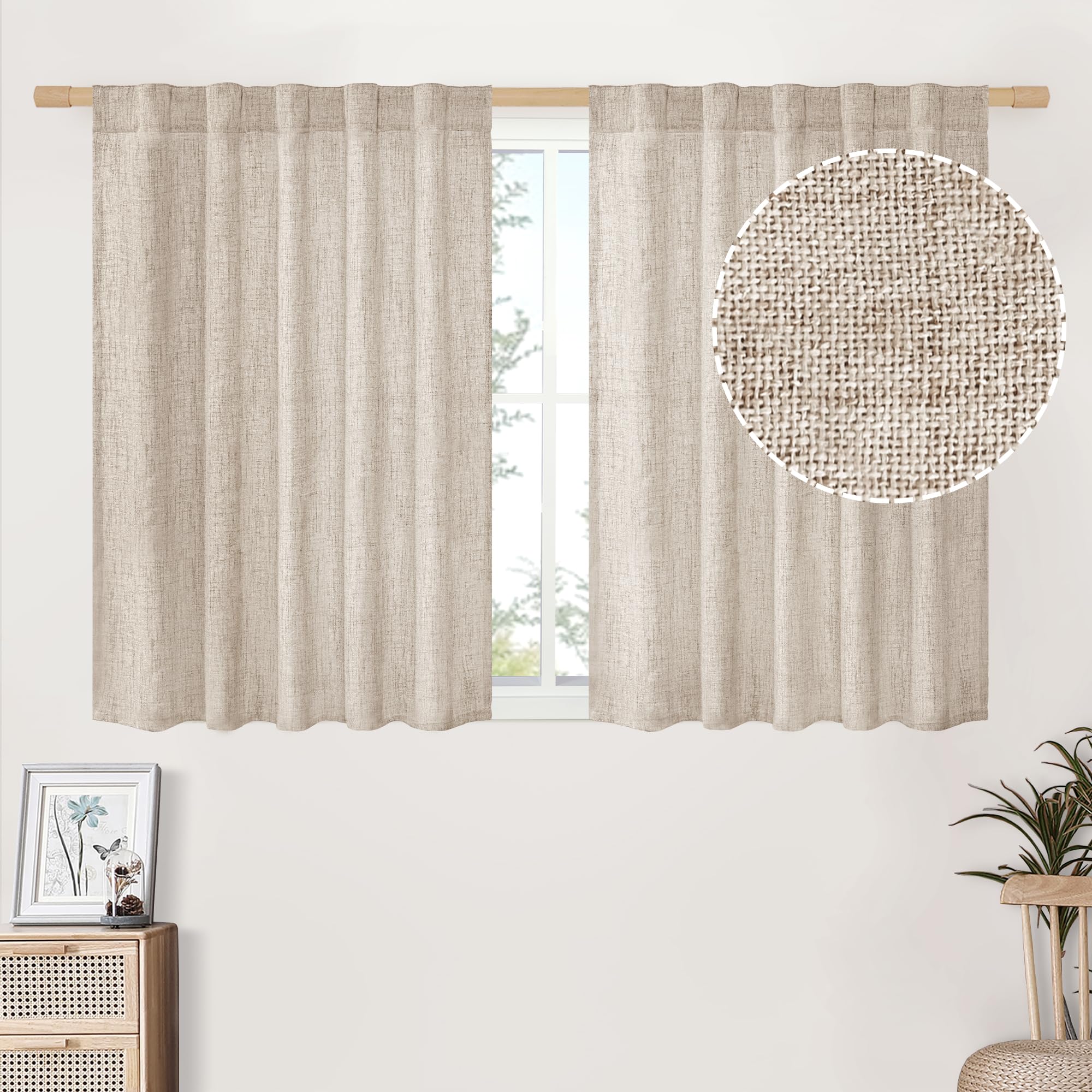 BGment Long 102 Inch Length Linen Curtains for Living Room, Natural Rod Pocket Textured Burlap Drapes Rustic Country Light Filtering for Bedroom Semi Sheer Back Tab, 2 Panel, 52 Inch Wide Each Panel