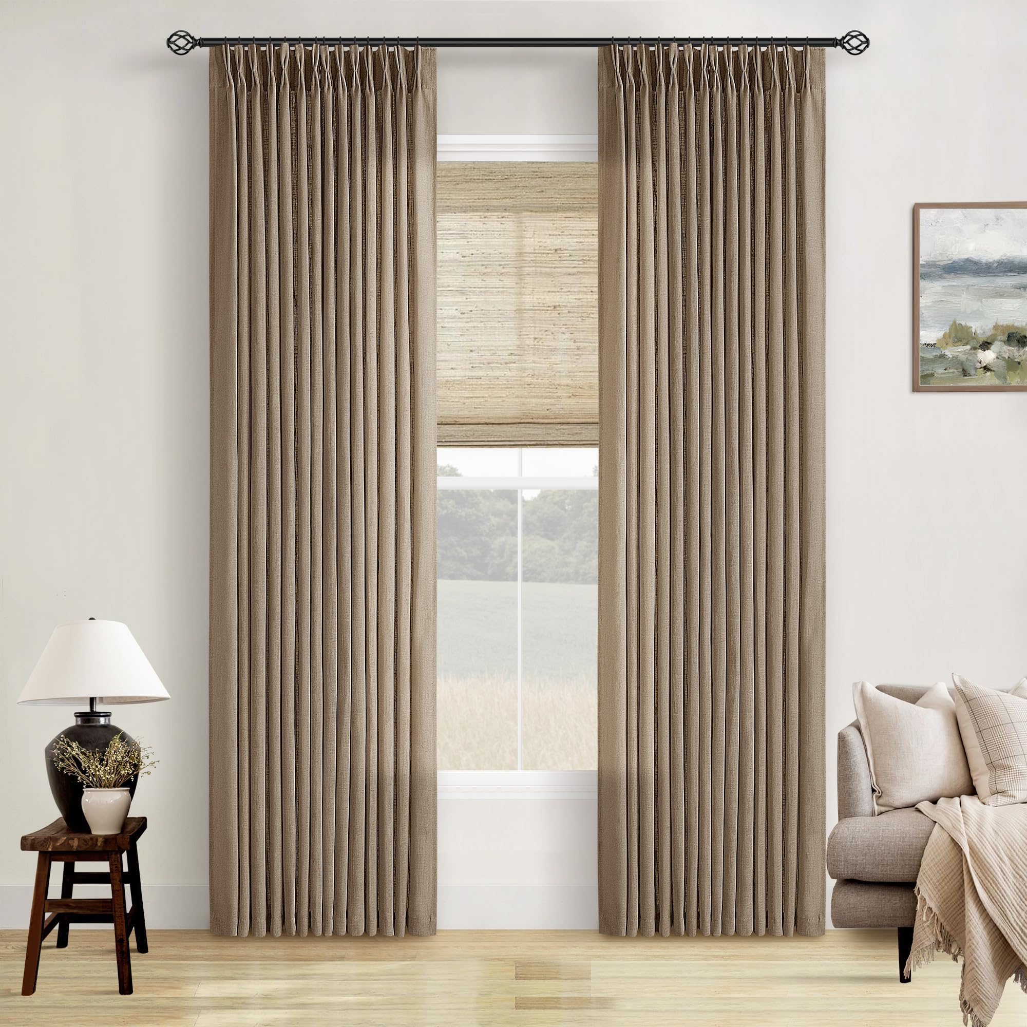 90 Inch Pinch Pleated Linen Curtains 2 Panel Set for Living Room Cream Natural Thick Linen Textured Drapes 90 Inches Long Pinch Pleat Drapes Birch Ivory Semi Sheer Curtain for Dining Bedroom Office