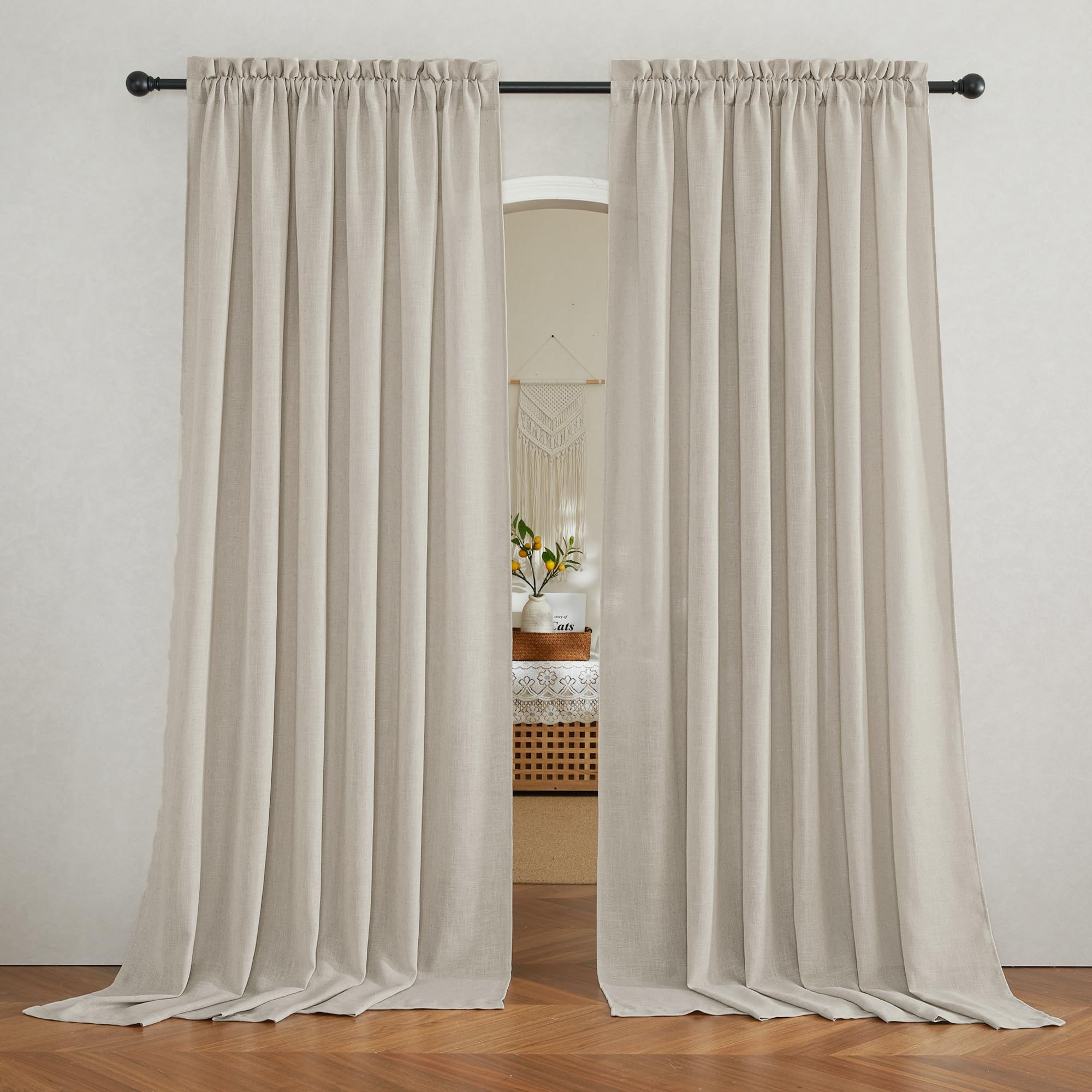 RYB HOME Farmhouse Sheer Curtains 108 inch Length, Semi Sheer Curtain & Drapes Large Window Dressing Lights & Winds Filter for Bedroom Home Office Living Room, Linen, W 70 x L 108 inch Long, 1 Pair