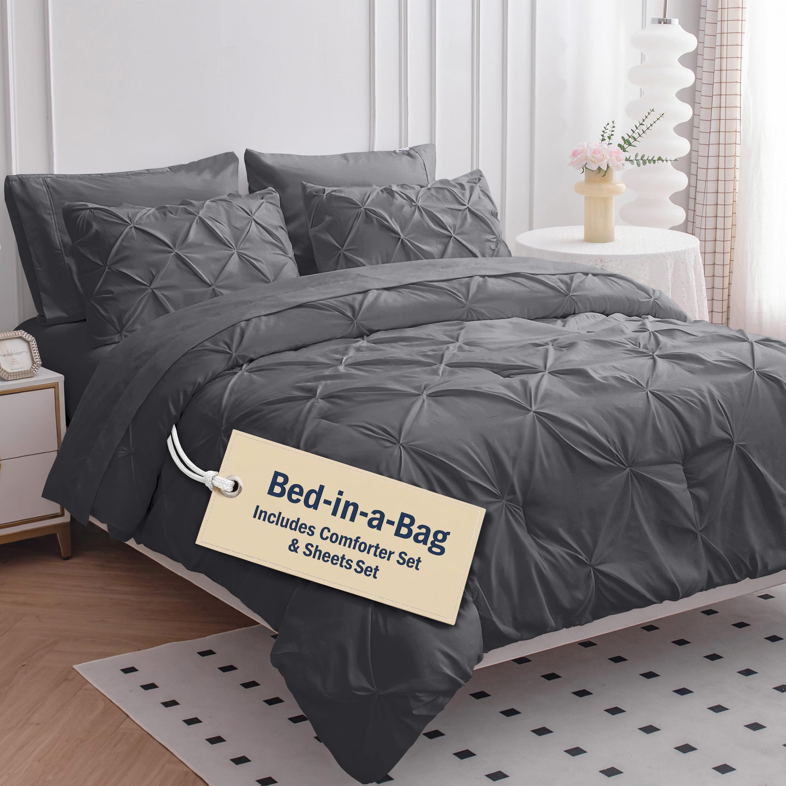 LANE LINEN Full Size Bed Comforter - 7 Piece - Refined Pintuck Finish for Hotel Style Bedding - Breathable Microfiber Bed in a Bag Comforter - Ideal for Apartments & First Homes - French Blue | Hotel sleep feel