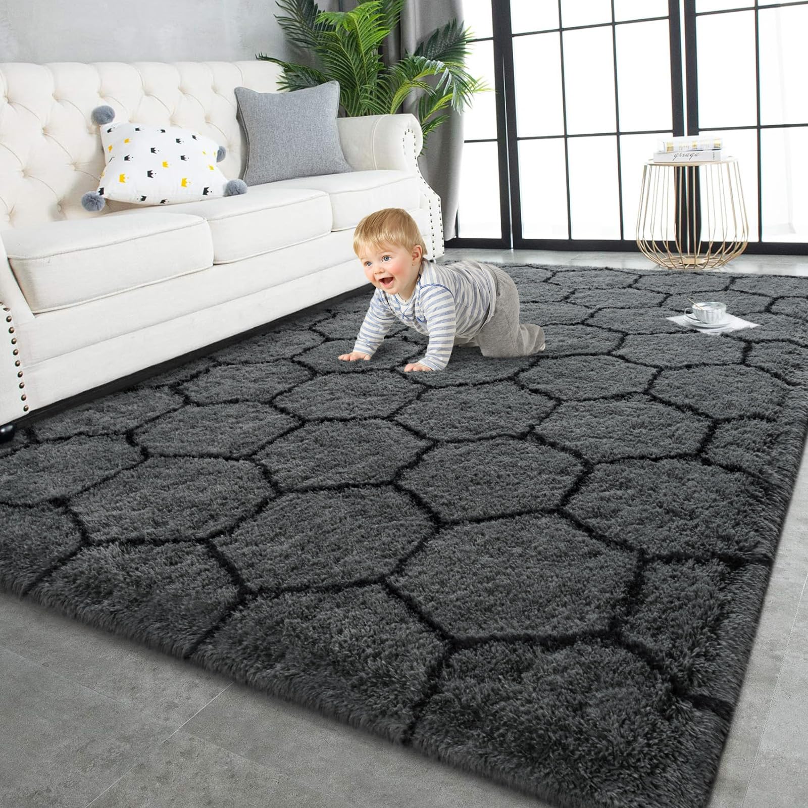 TWINNIS Super Soft Shaggy Rugs Fluffy Carpets, 6x9 Feet, Indoor Modern Plush Area Rugs for Living Room Bedroom Kids Room Nursery Home Decor, Upgrade Anti-Skid Rectangular Fuzzy Rug, Black Gray