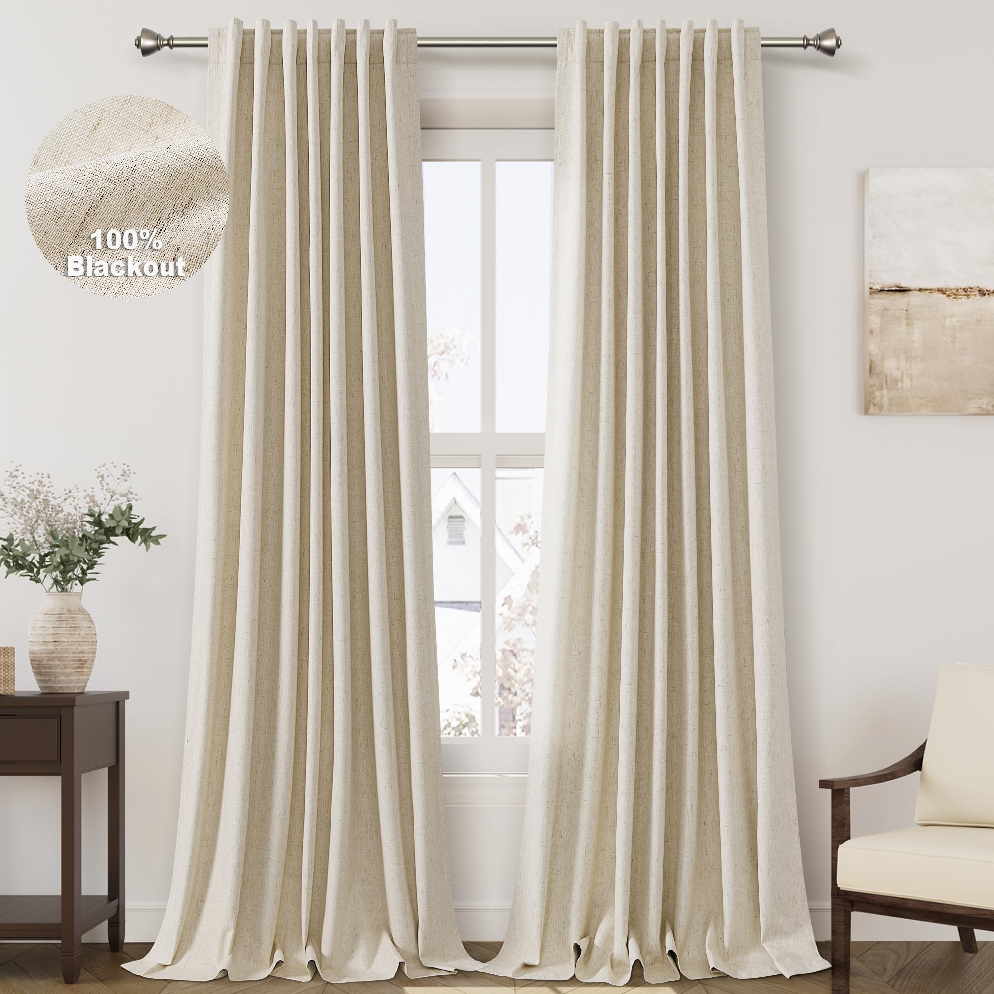 Nanspring Light Grey 100% Blackout Linen Curtains for Bedroom 90 Inches Long Back Tab Thermal Insulated Modern Luxury Simple Black Out Curtain for Living Room Dining Room Drapes 52x90, 2 Panels