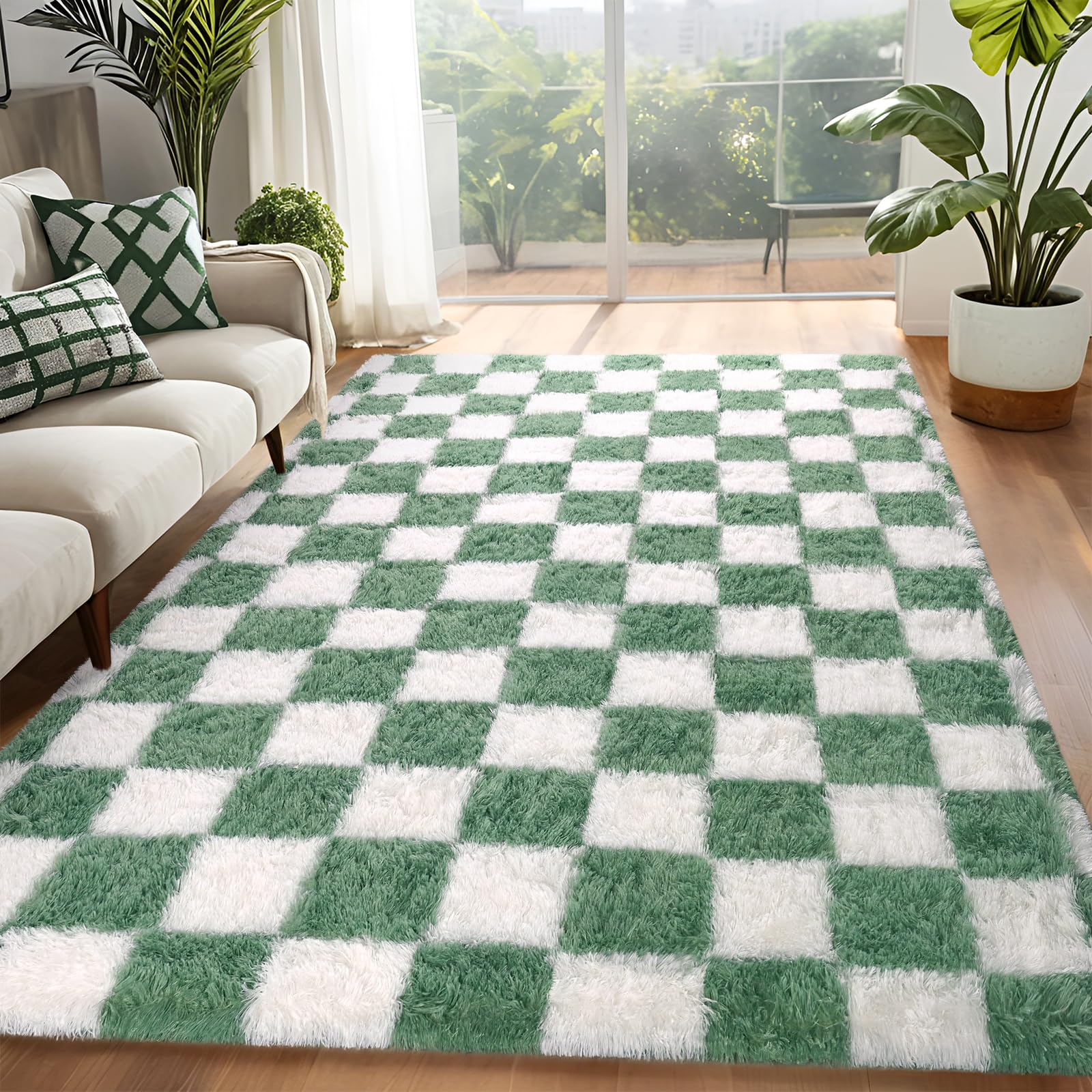 Fluffy Dark Green 6x9 Area Rugs for Living Room, Extra Large Rug for Bedroom Decor, Big Shaggy Floor Carpet, Soft Plush Thick Non-Slip Rectangle Carpets for Home Decor