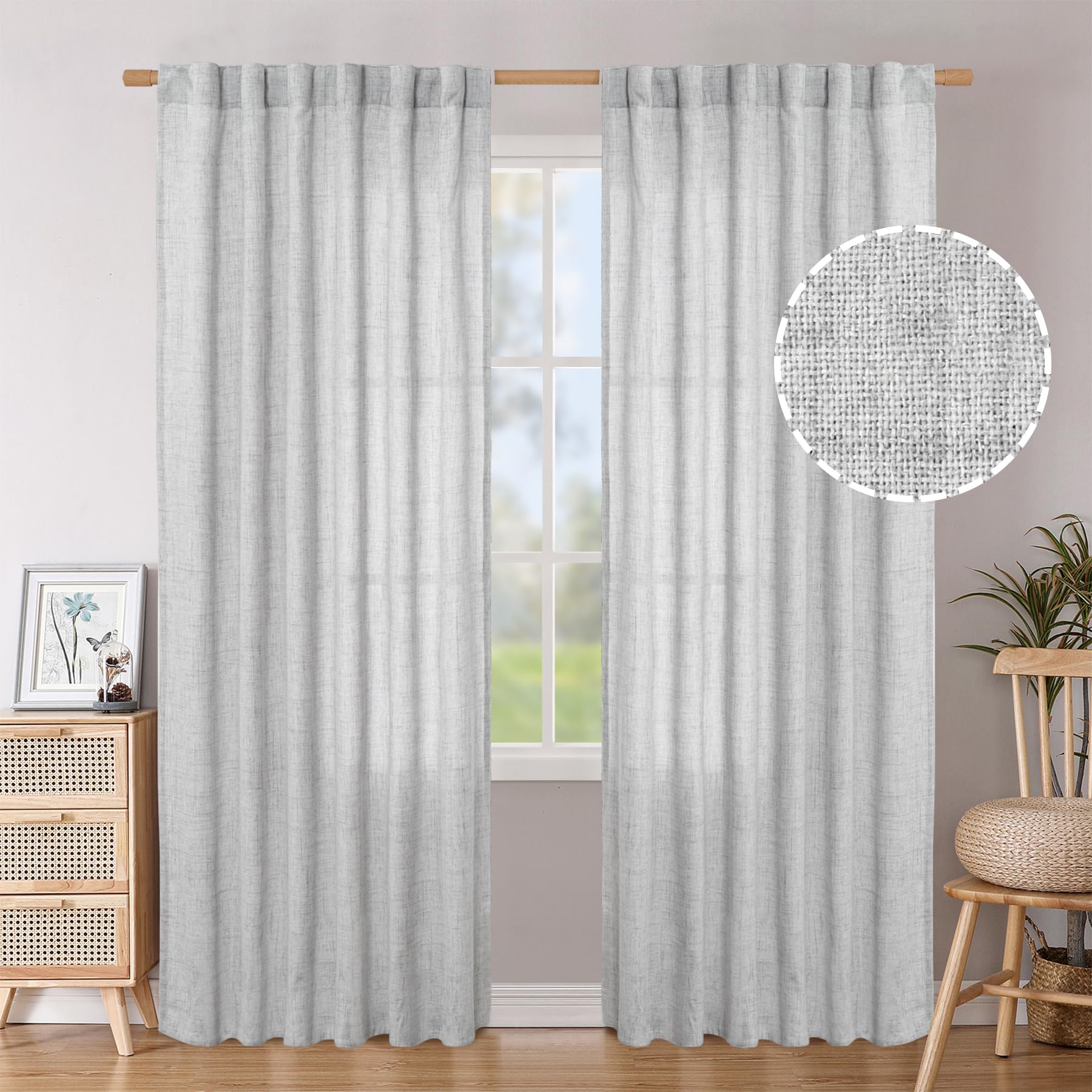 BGment Long 102 Inch Length Linen Curtains for Living Room, Natural Rod Pocket Textured Burlap Drapes Rustic Country Light Filtering for Bedroom Semi Sheer Back Tab, 2 Panel, 52 Inch Wide Each Panel