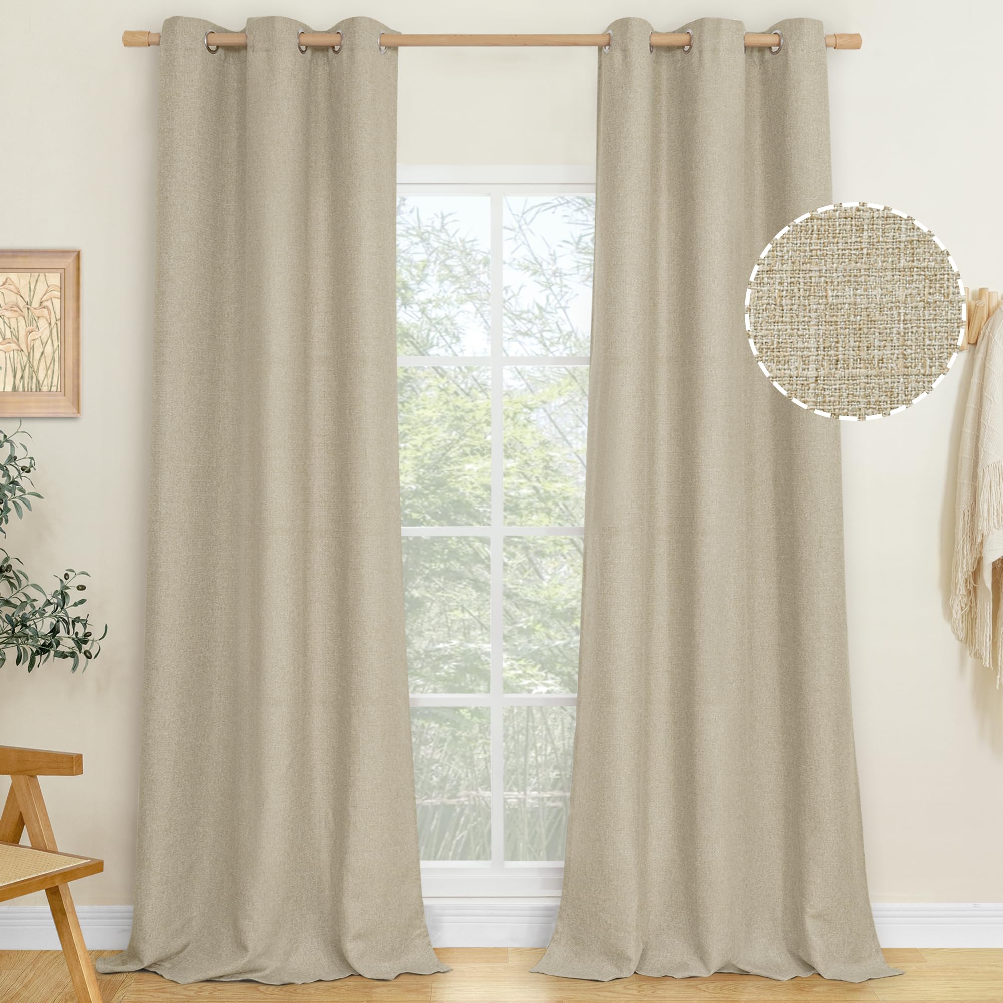 LAMIT Natural Beige Linen Curtains for Bedroom, 84 inches Grommet Thermal Insulated Thick Burlap Farmhouse Neutral Curtains Noise Reducing Light Filtering Drapes for Living Room, 2 Panels, W60 x L84