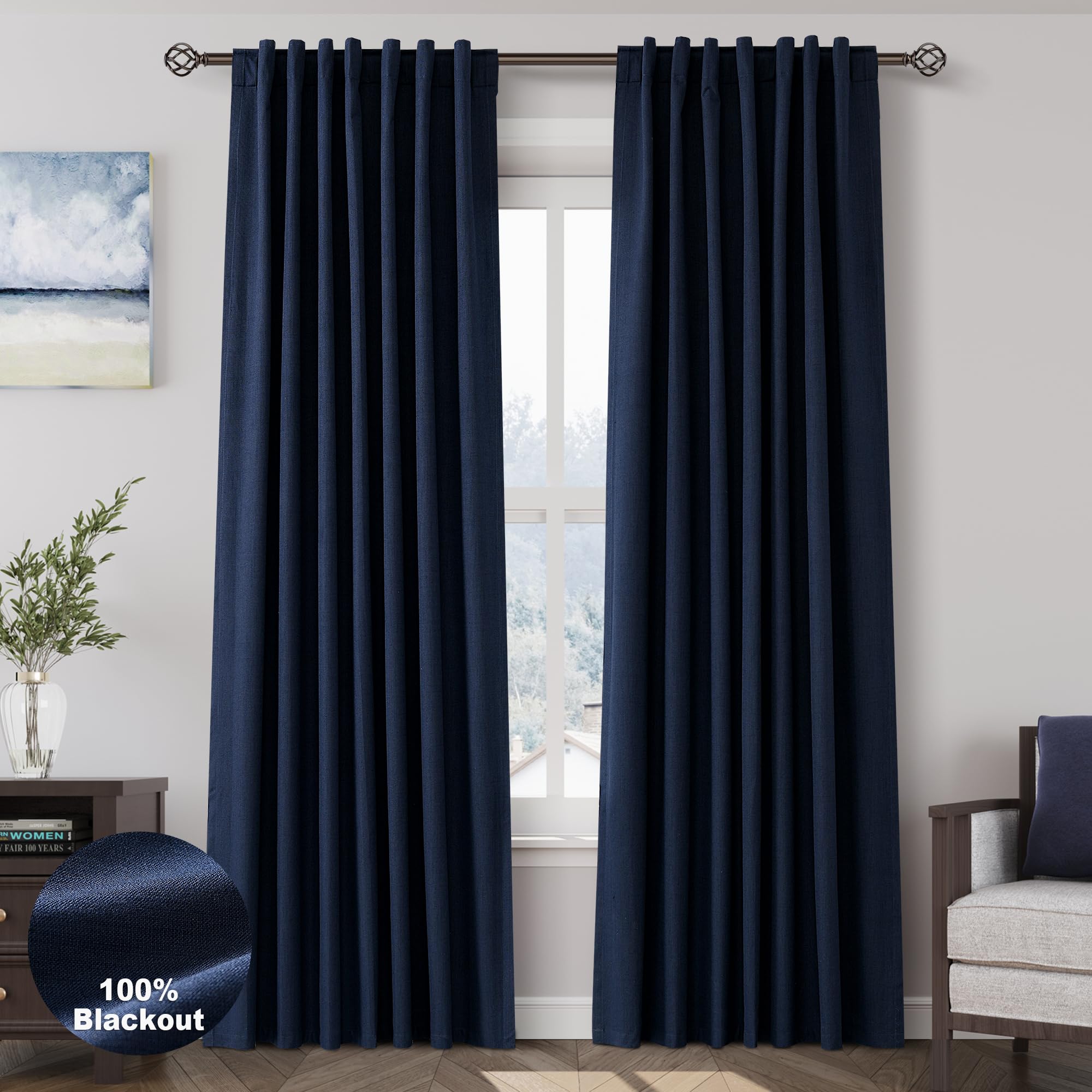 Nanspring Light Grey 100% Blackout Linen Curtains for Bedroom 90 Inches Long Back Tab Thermal Insulated Modern Luxury Simple Black Out Curtain for Living Room Dining Room Drapes 52x90, 2 Panels