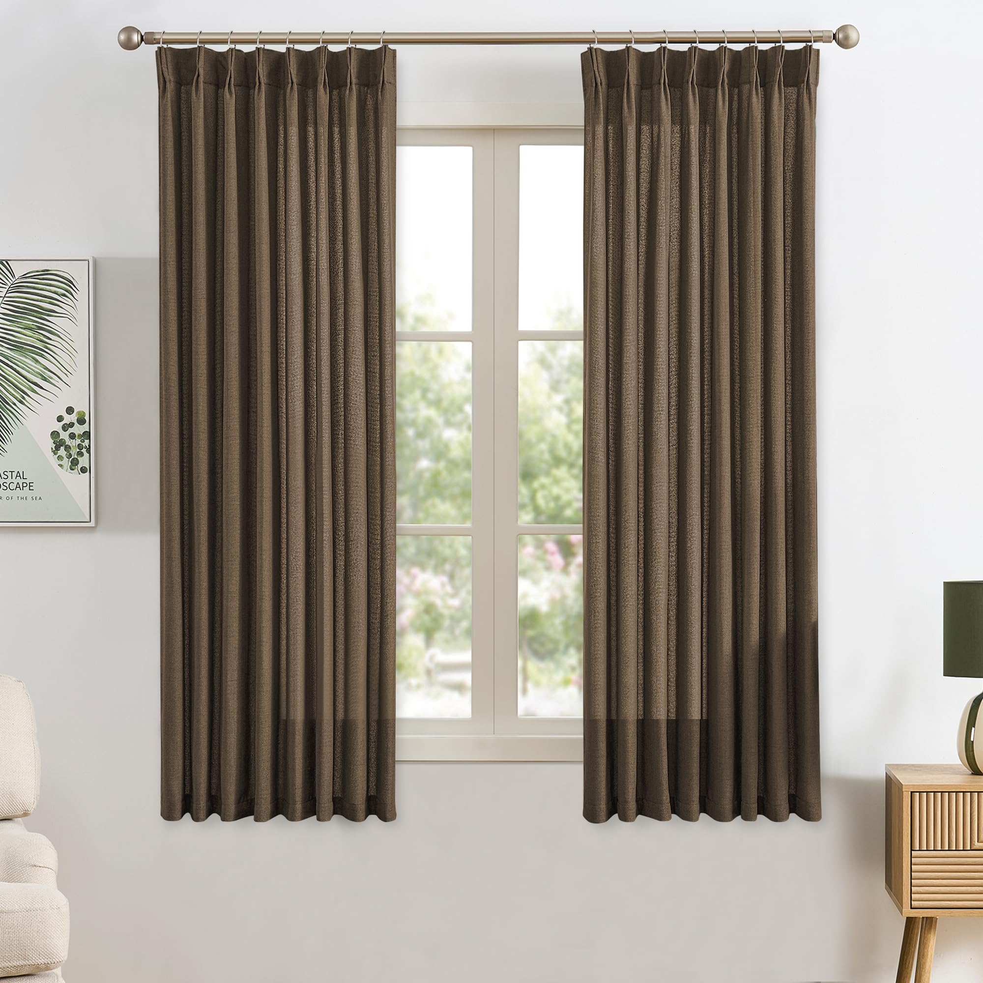 RAIN CITY 102 Inch Curtains Pinch Pleated 2 Panels Set, Back Tab with Hooks Semi Sheer Linen Curtains for Living Room Primitive Window Drapes for Sliding Door Sand Beach Decor 42 Each Wide