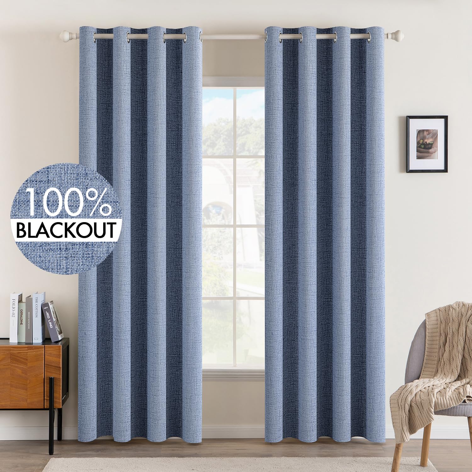 MIULEE 100% Blackout Linen Curtains for Bedroom Thermal Insulated Birch Grommet Room Darkening Curtains & Drapes for Living Room Nursery 52 x 96 Inch (2 Panels)