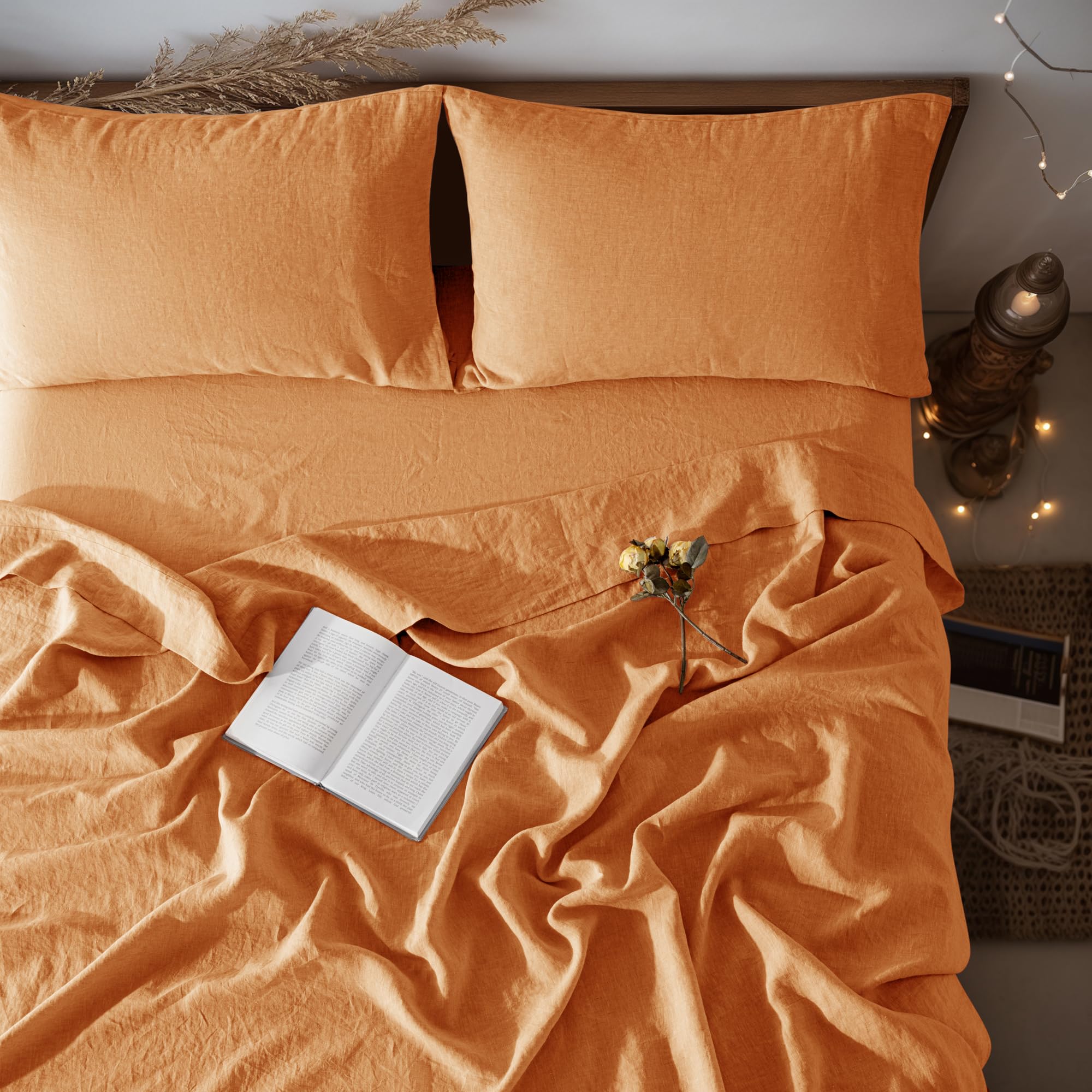 LBRO2M 100% Pure Linen Sheet Set Deep Pocket Up to 16" Bed Sheets Sets, Natural Flax Beddings Soft, Breathable, Comfortable for All Seasons 4 Pcs Sheet Set Queen Size, Linen
