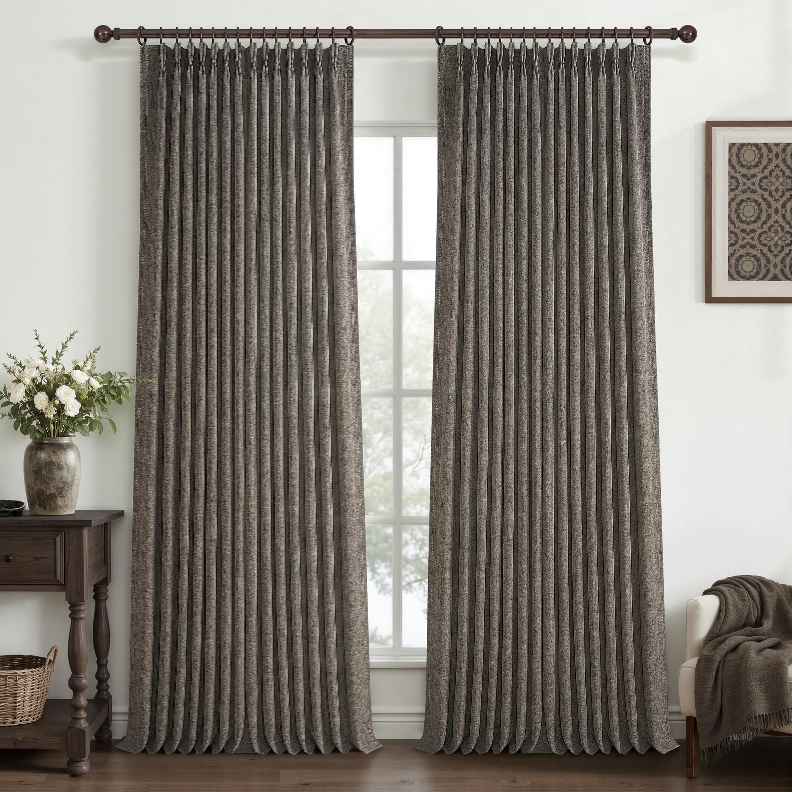 PleatedDrapes 96 Inch Curtains 2 Panel Set, Modern Linen Pleat Back Tab Dining Room Window Curtains Light Filtering Aesthetic Semi Sheer Living Room Drapes with Hooks Ring Cream Oatmeal W40 x L96