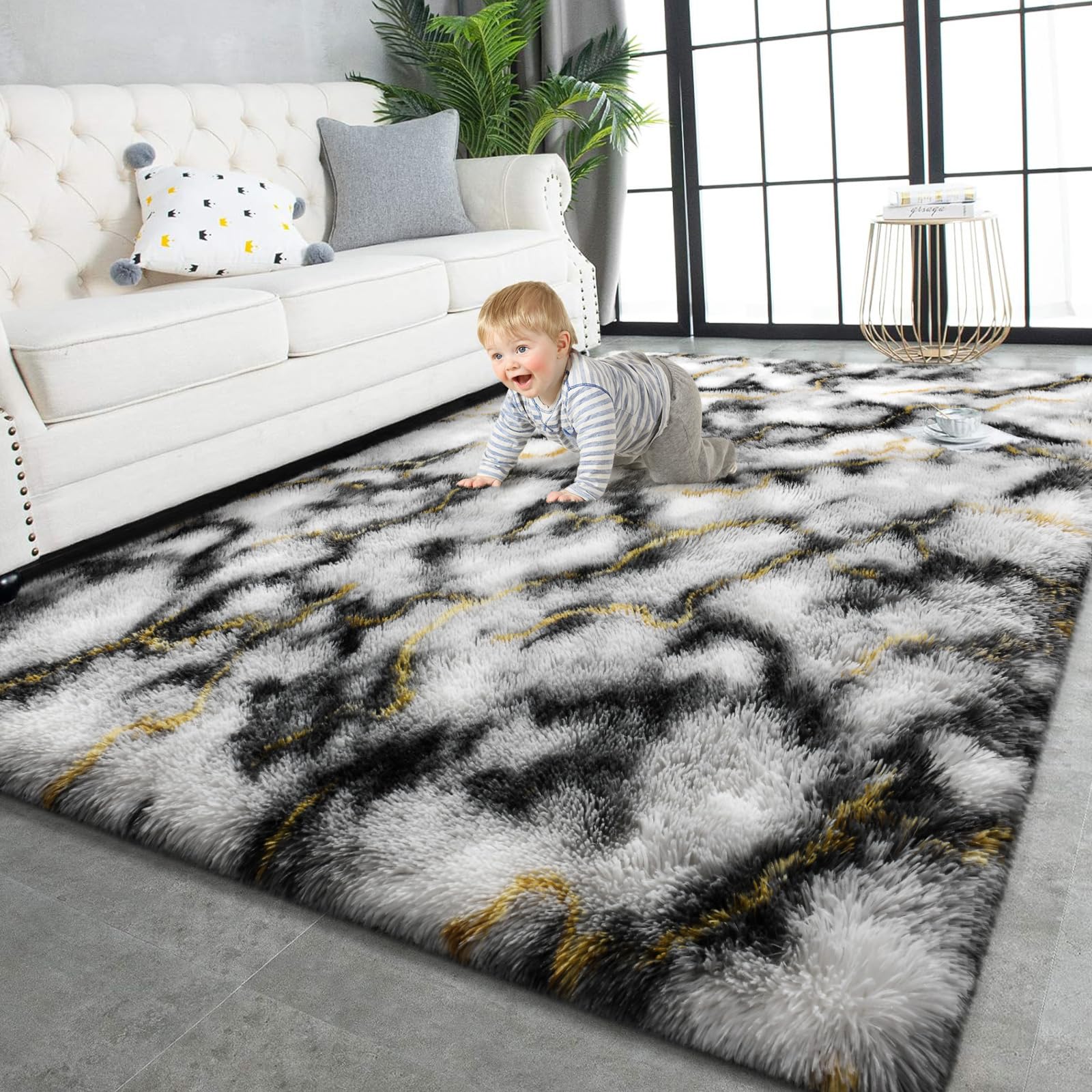 TWINNIS Super Soft Shaggy Rugs Fluffy Carpets, 6x9 Feet, Indoor Modern Plush Area Rugs for Living Room Bedroom Kids Room Nursery Home Decor, Upgrade Anti-Skid Rectangular Fuzzy Rug, Black Gray