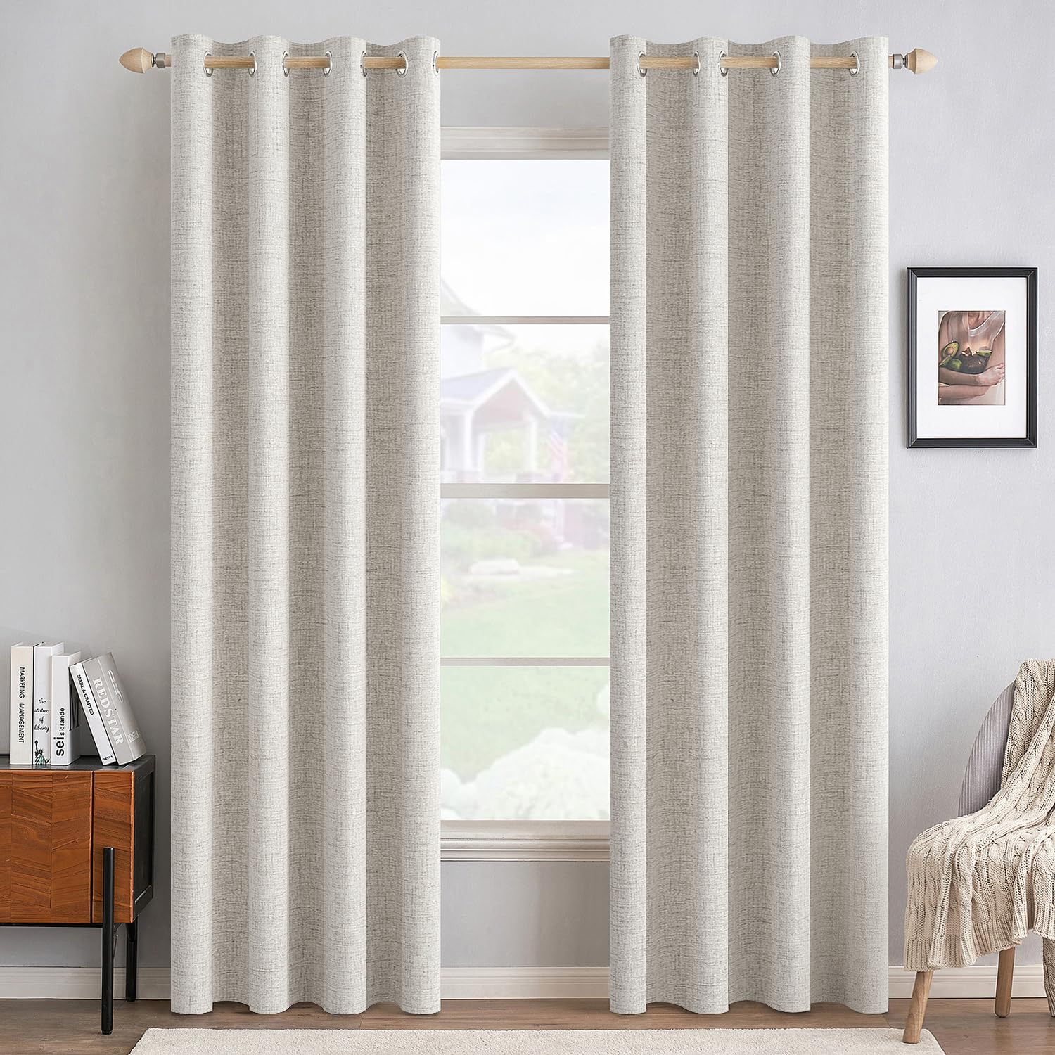 MIULEE 100% Blackout Linen Curtains for Bedroom Thermal Insulated Birch Grommet Room Darkening Curtains & Drapes for Living Room Nursery 52 x 96 Inch (2 Panels)