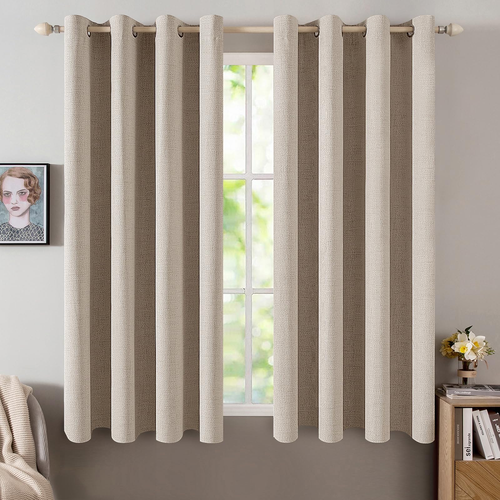 MIULEE 100% Blackout Linen Curtains for Bedroom Thermal Insulated Birch Grommet Room Darkening Curtains & Drapes for Living Room Nursery 52 x 96 Inch (2 Panels)
