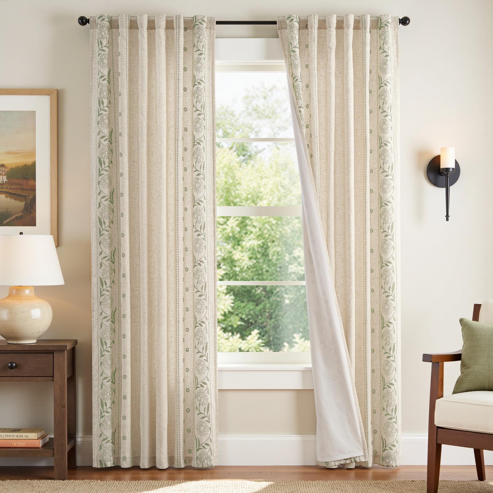 jinchan Winslow Linen Curtains for Bedroom 84 Inches Length Embroidered Bordered Floral Curtains for Living Room Farmhouse Decor Light Filtering Window Treatments Sage on Beige Drapes 2 Panels