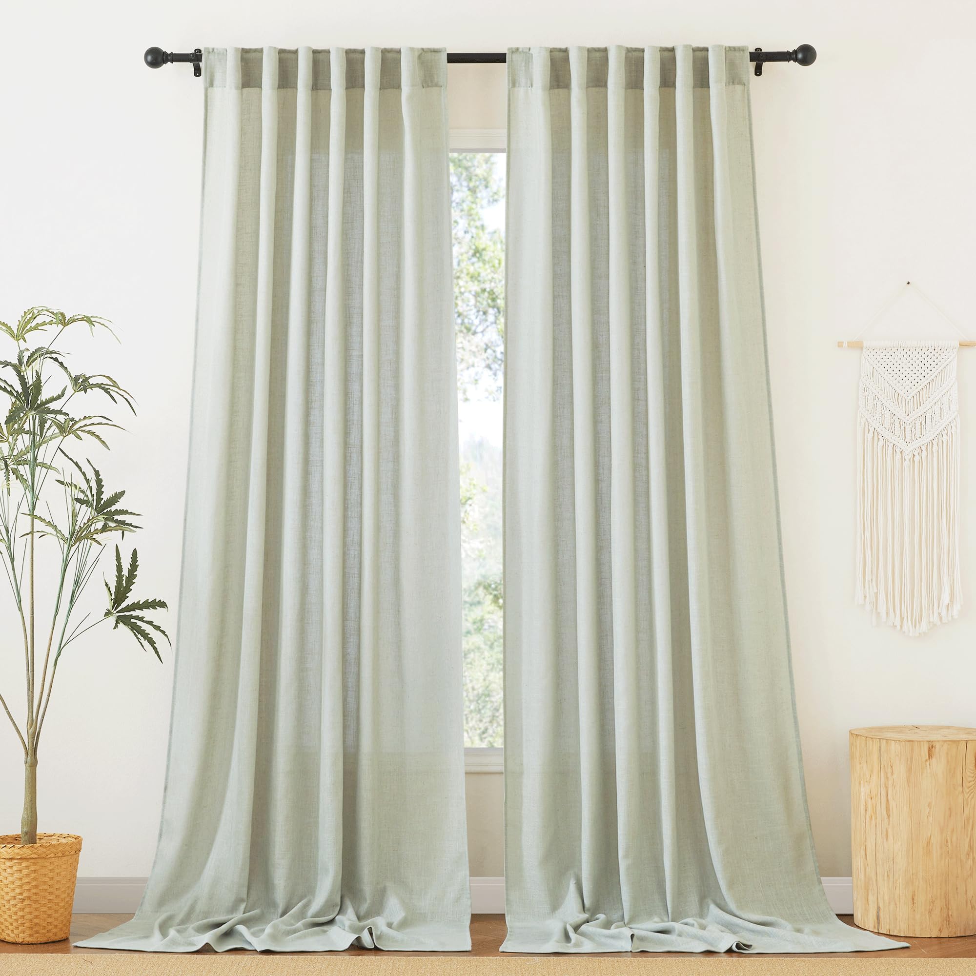 RYB HOME Farmhouse Sheer Curtains 108 inch Length, Semi Sheer Curtain & Drapes Large Window Dressing Lights & Winds Filter for Bedroom Home Office Living Room, Linen, W 70 x L 108 inch Long, 1 Pair