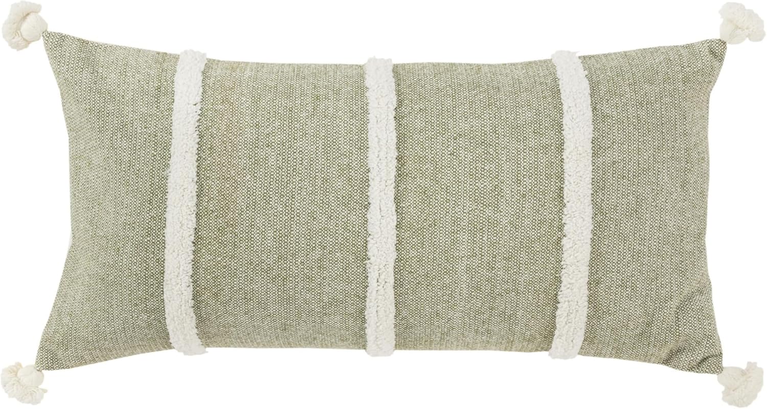 14" X 14" Green and White Cotton Pillow with Tassels Edges