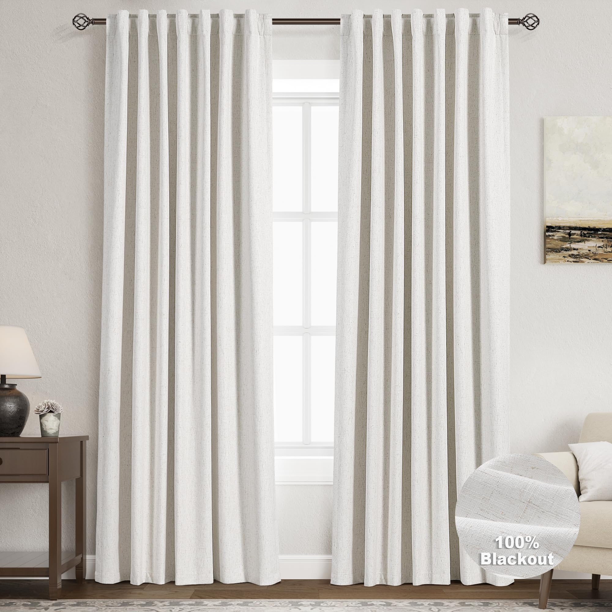 Nanspring Light Grey 100% Blackout Linen Curtains for Bedroom 90 Inches Long Back Tab Thermal Insulated Modern Luxury Simple Black Out Curtain for Living Room Dining Room Drapes 52x90, 2 Panels