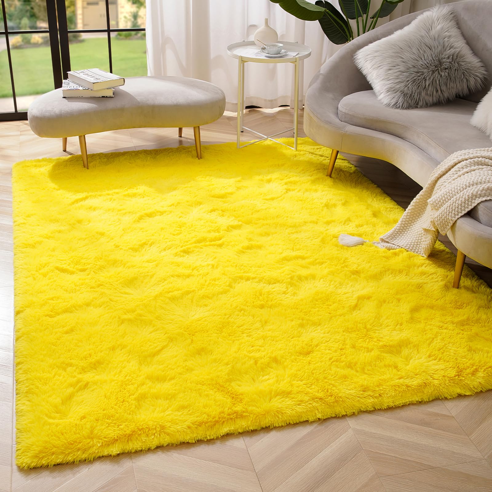 Amearea Yellow 6×9ft Soft Shag Rug, Non-slip Fluffy Carpet for Bedroom, Living Room & Nursery