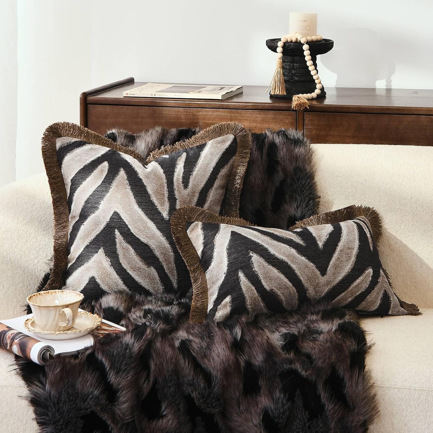 Luxury Zebra Lumbar Pillow Cover with Brown Tassel Trim, Zebra Pattern Jacquard Design Decorative Pillow Case for Sofa Bedroom Living Room, 12x20 Inch (Single Pack)
