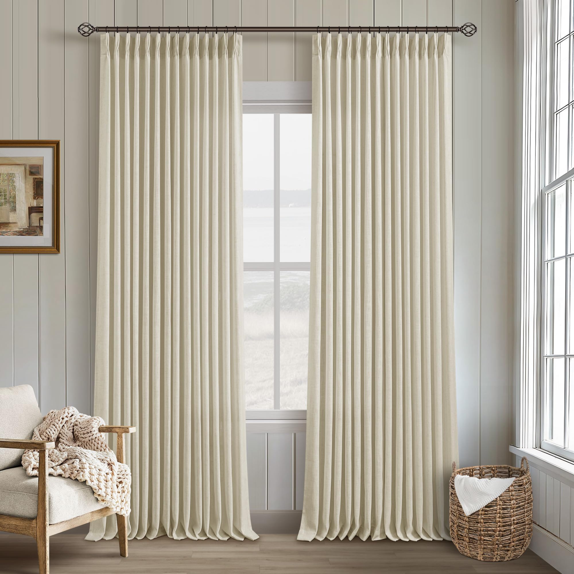 90 Inch Pinch Pleated Linen Curtains 2 Panel Set for Living Room Cream Natural Thick Linen Textured Drapes 90 Inches Long Pinch Pleat Drapes Birch Ivory Semi Sheer Curtain for Dining Bedroom Office
