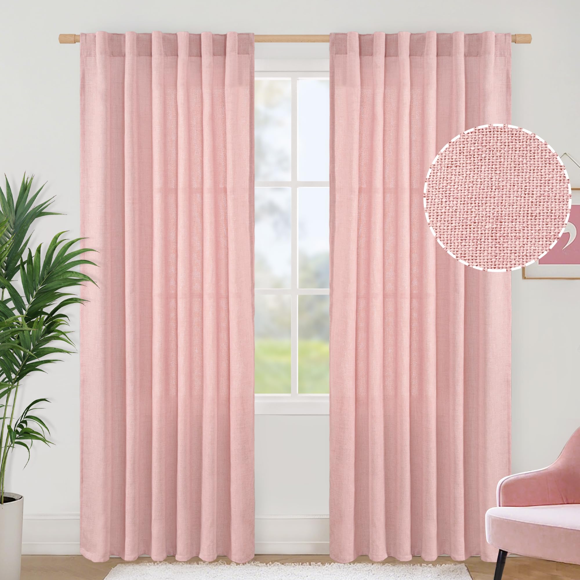 BGment Long 102 Inch Length Linen Curtains for Living Room, Natural Rod Pocket Textured Burlap Drapes Rustic Country Light Filtering for Bedroom Semi Sheer Back Tab, 2 Panel, 52 Inch Wide Each Panel