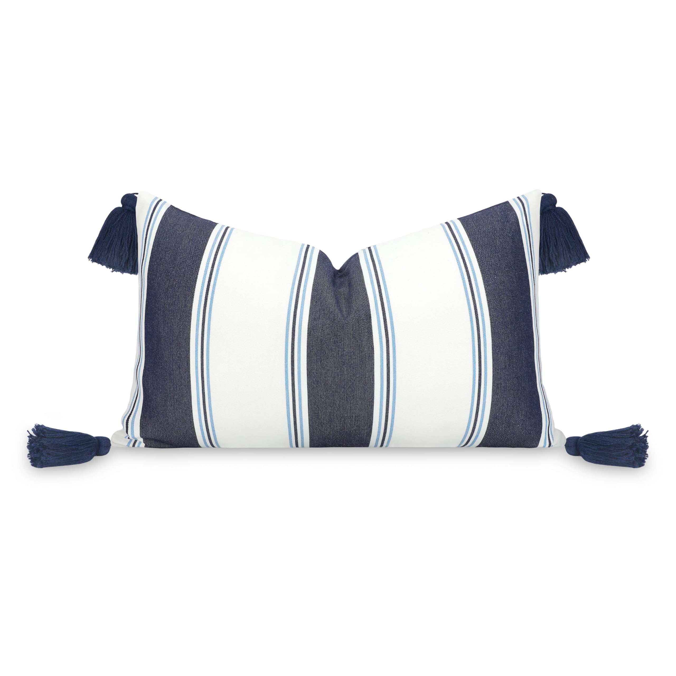 Hofdeco Premium Coastal Hampton Outdoor Performance Throw Pillow Cover Only, 20"x20" Water Repellent, UV and Fade Resistant for Backyard, Couch, Poolside, Indigo Azure Blue Woven Harbor Stripes