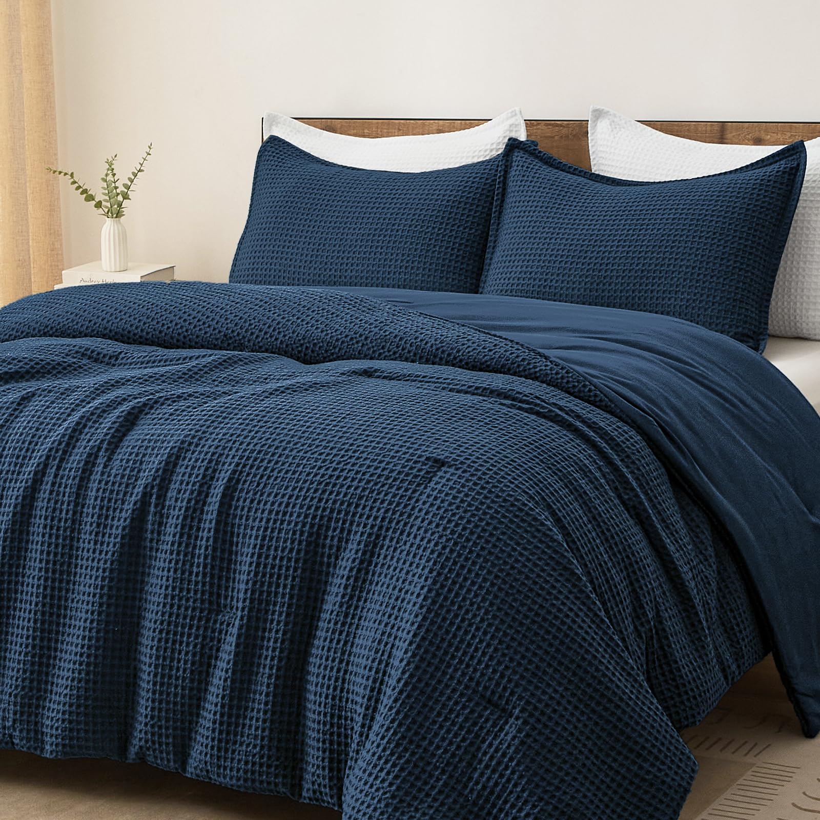 PHF Ultra Soft Waffle Weave Comforter Set Queen Size, 3 Pieces Lightweight Breathable Comfy Bedding Set, Comfy Textured 1 Comforter with 2 Pillow Shams, Linen