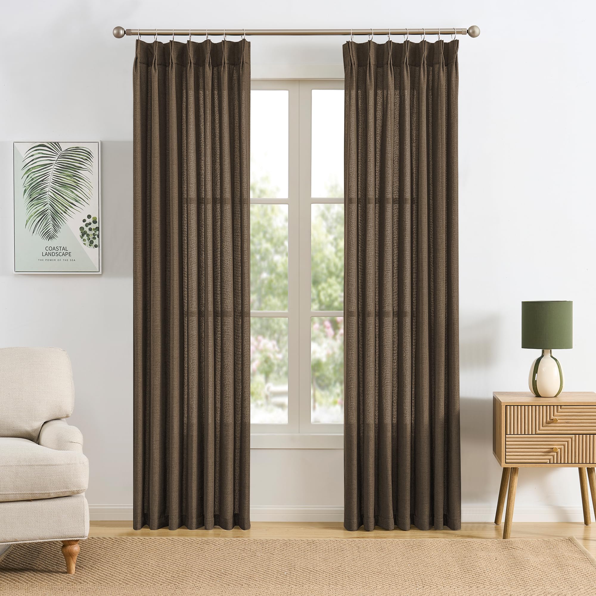 RAIN CITY 102 Inch Curtains Pinch Pleated 2 Panels Set, Back Tab with Hooks Semi Sheer Linen Curtains for Living Room Primitive Window Drapes for Sliding Door Sand Beach Decor 42 Each Wide