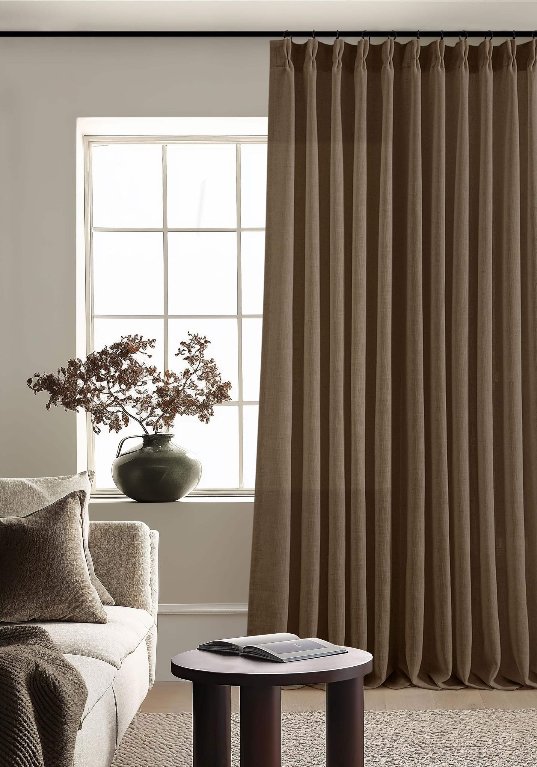 90 Inch Pinch Pleated Linen Curtains 2 Panel Set for Living Room Cream Natural Thick Linen Textured Drapes 90 Inches Long Pinch Pleat Drapes Birch Ivory Semi Sheer Curtain for Dining Bedroom Office