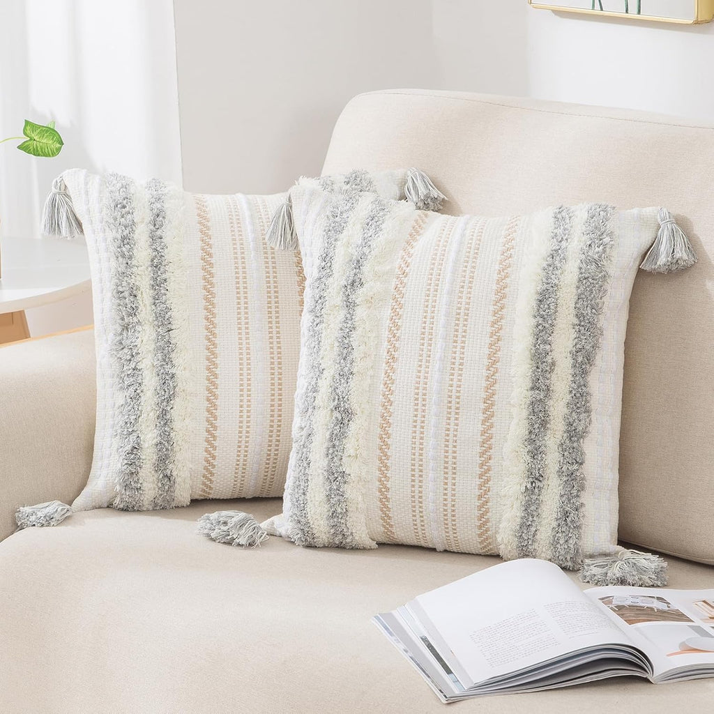 decorUhome Summer Decorative Boho Throw Pillow Covers 20x20 Set of 2, Accent Neutral Textured Tufted Pillow Covers Striped for Couch Bed Sofa Living Room, Light Grey and Cream White