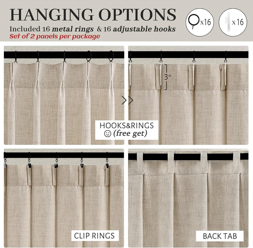 PleatedDrapes 96 Inch Curtains 2 Panel Set, Modern Linen Pleat Back Tab Dining Room Window Curtains Light Filtering Aesthetic Semi Sheer Living Room Drapes with Hooks Ring Cream Oatmeal W40 x L96
