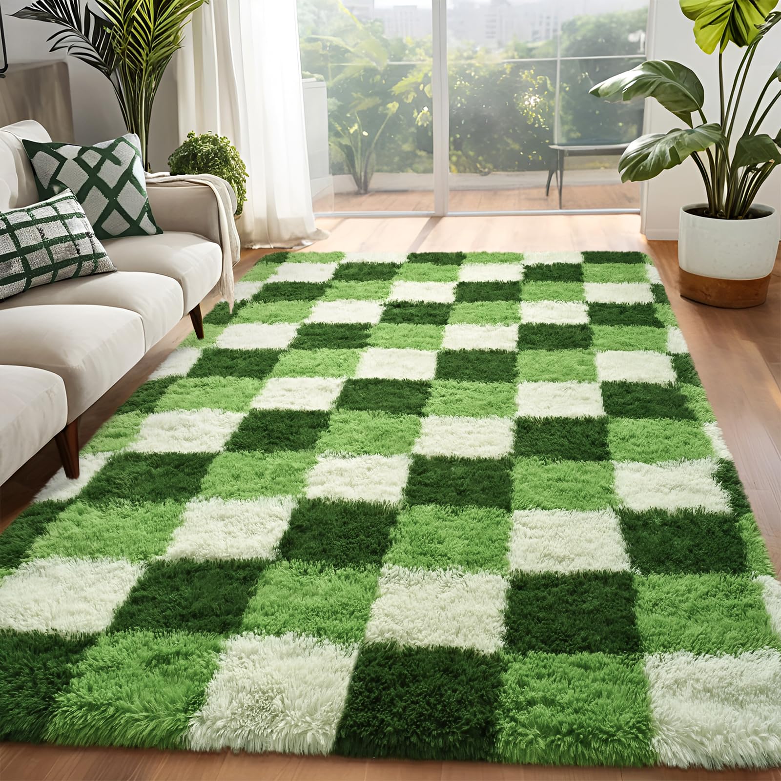 Fluffy Dark Green 6x9 Area Rugs for Living Room, Extra Large Rug for Bedroom Decor, Big Shaggy Floor Carpet, Soft Plush Thick Non-Slip Rectangle Carpets for Home Decor