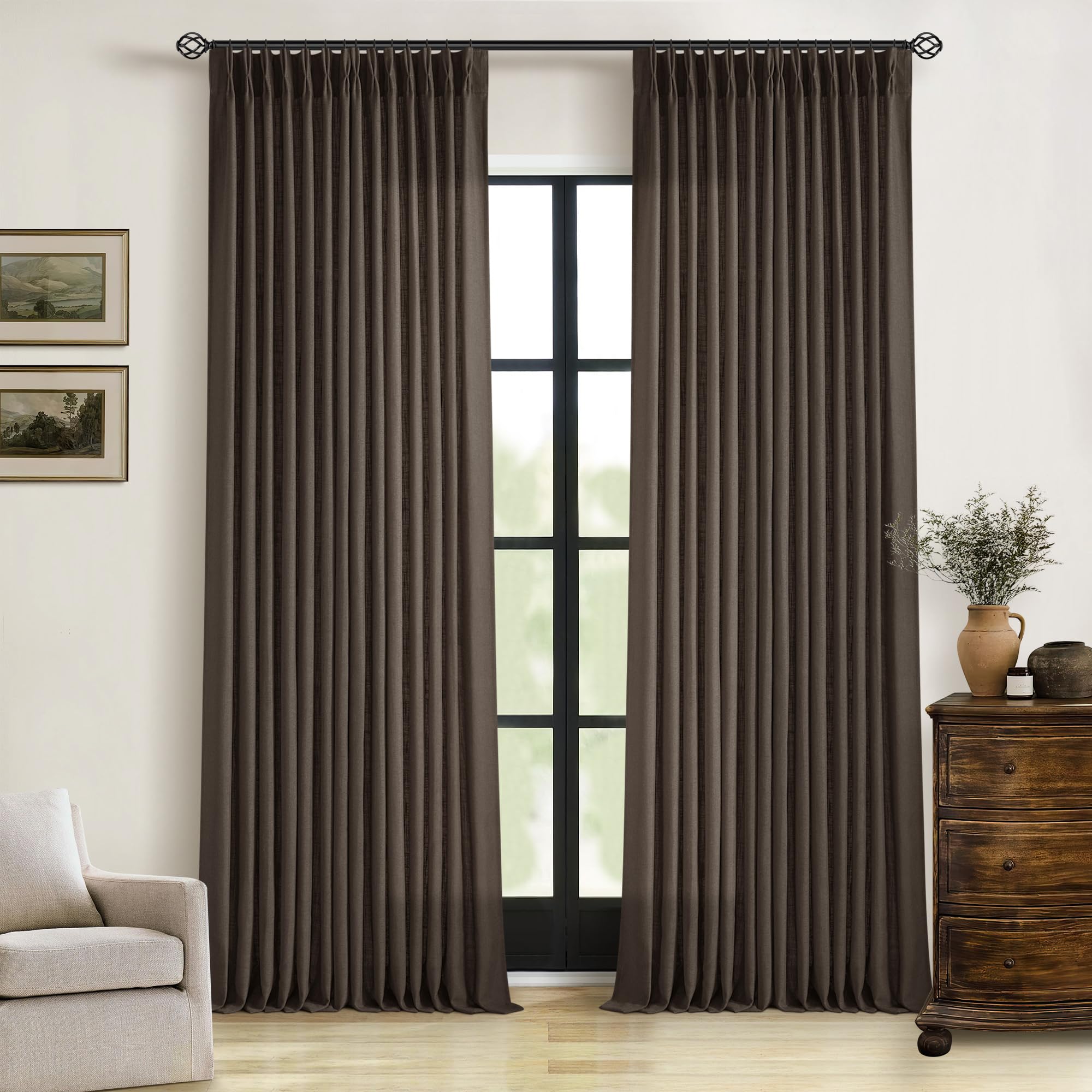 90 Inch Pinch Pleated Linen Curtains 2 Panel Set for Living Room Cream Natural Thick Linen Textured Drapes 90 Inches Long Pinch Pleat Drapes Birch Ivory Semi Sheer Curtain for Dining Bedroom Office