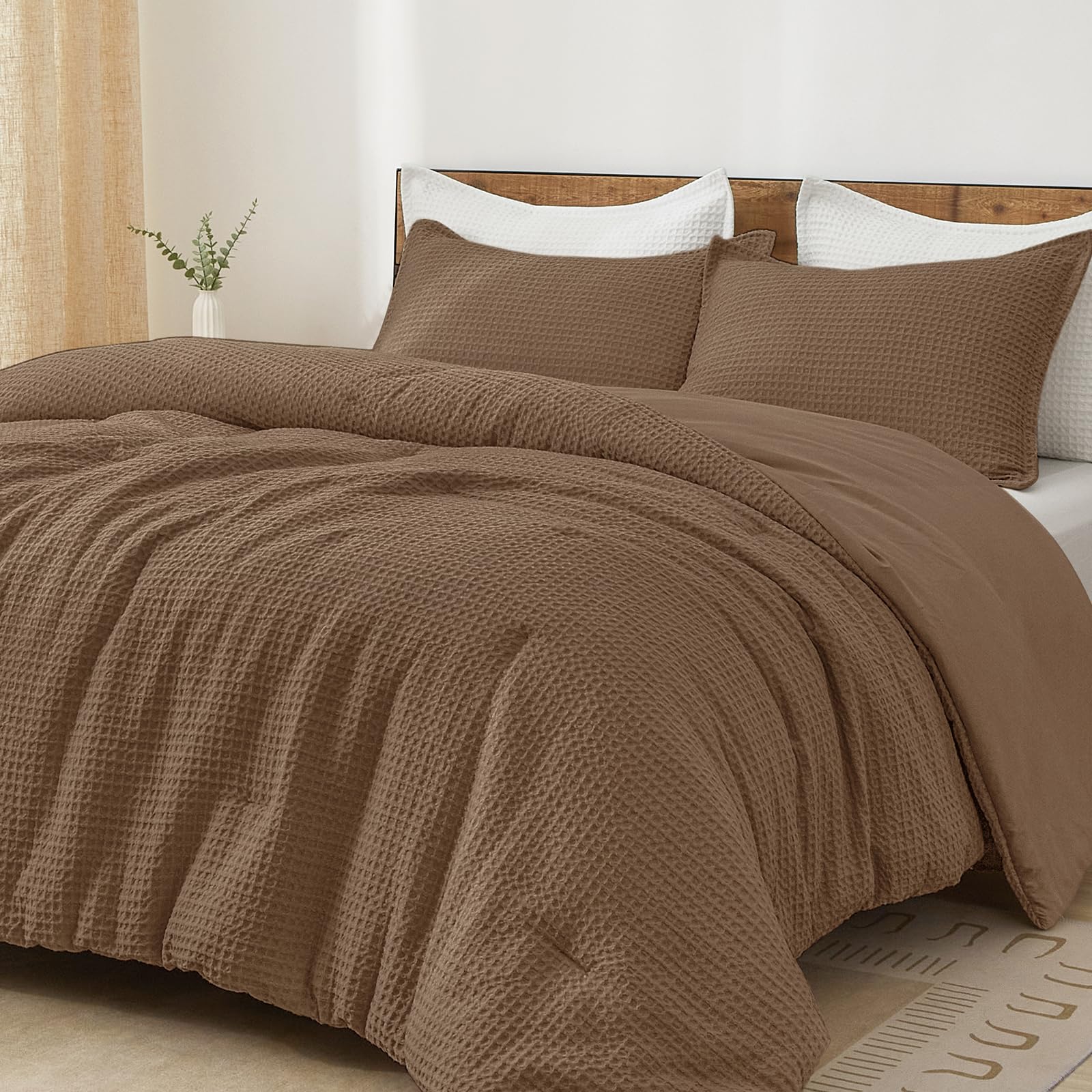 PHF Ultra Soft Waffle Weave Comforter Set Queen Size, 3 Pieces Lightweight Breathable Comfy Bedding Set, Comfy Textured 1 Comforter with 2 Pillow Shams, Linen