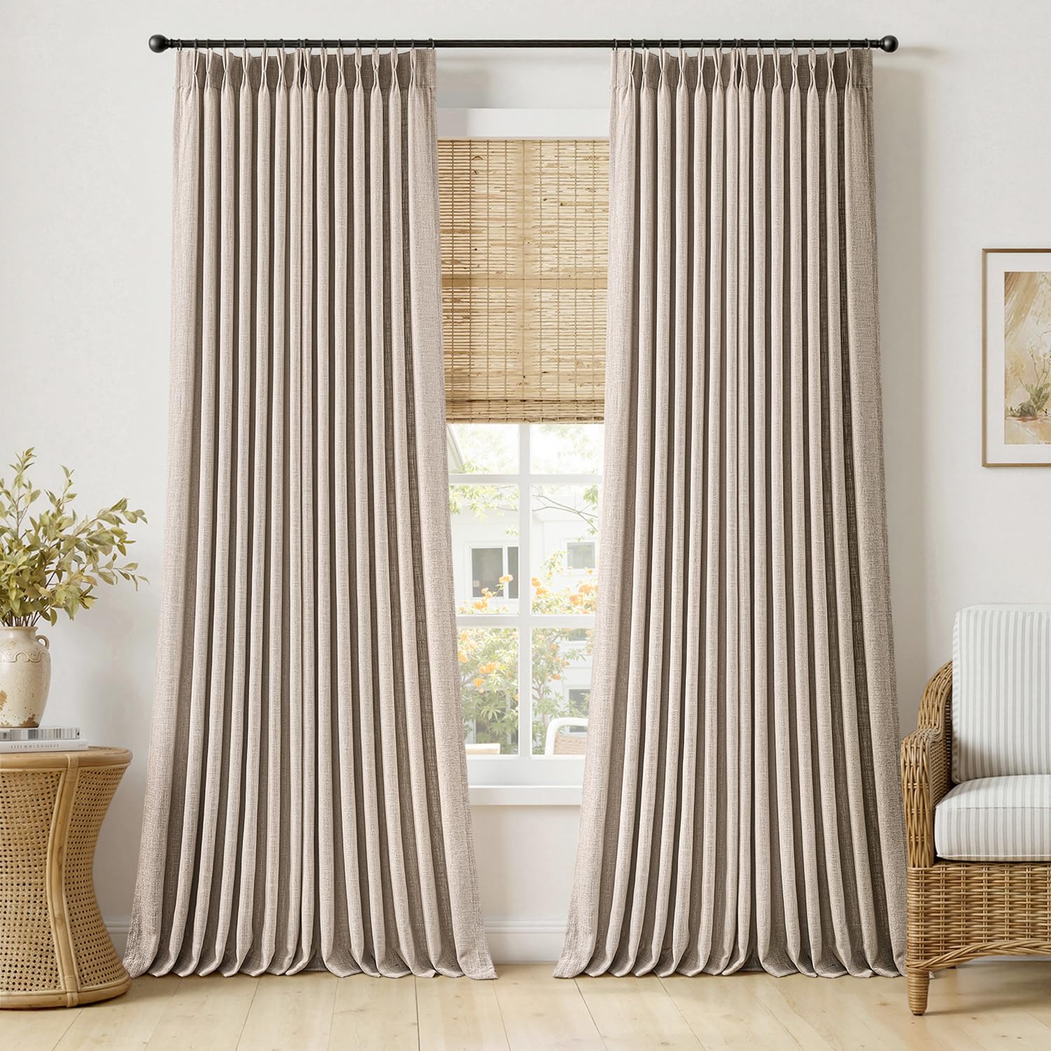 MIULEE Pinch Pleated Thick Linen Curtains 90 Inches Long 2 Panels for Living Room Bedroom, Linen Texture Memory Trained Drapes Pinch Pleat Rustic Farmhouse Window Curtains with Hooks&Rings, Taupe