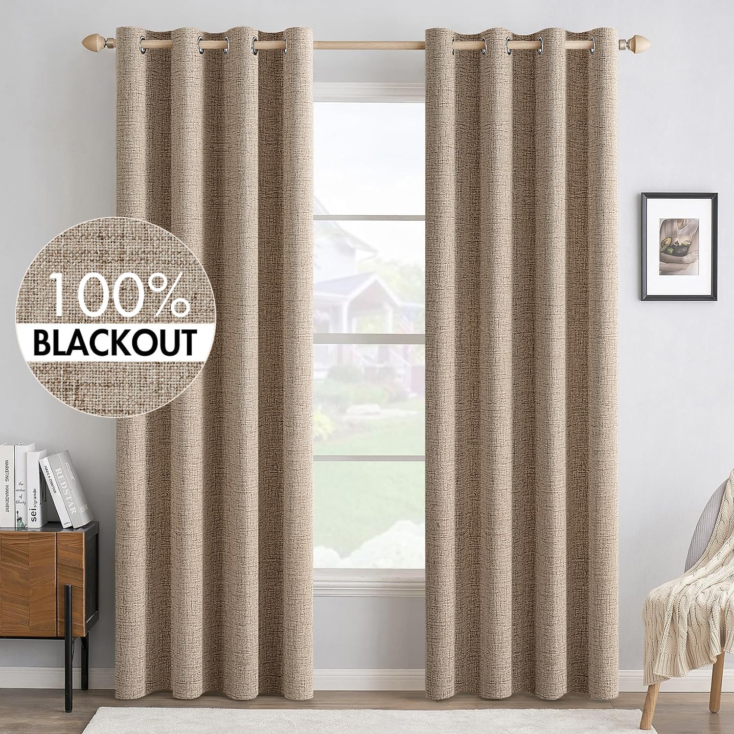 MIULEE 100% Blackout Linen Curtains for Bedroom Thermal Insulated Birch Grommet Room Darkening Curtains & Drapes for Living Room Nursery 52 x 96 Inch (2 Panels)