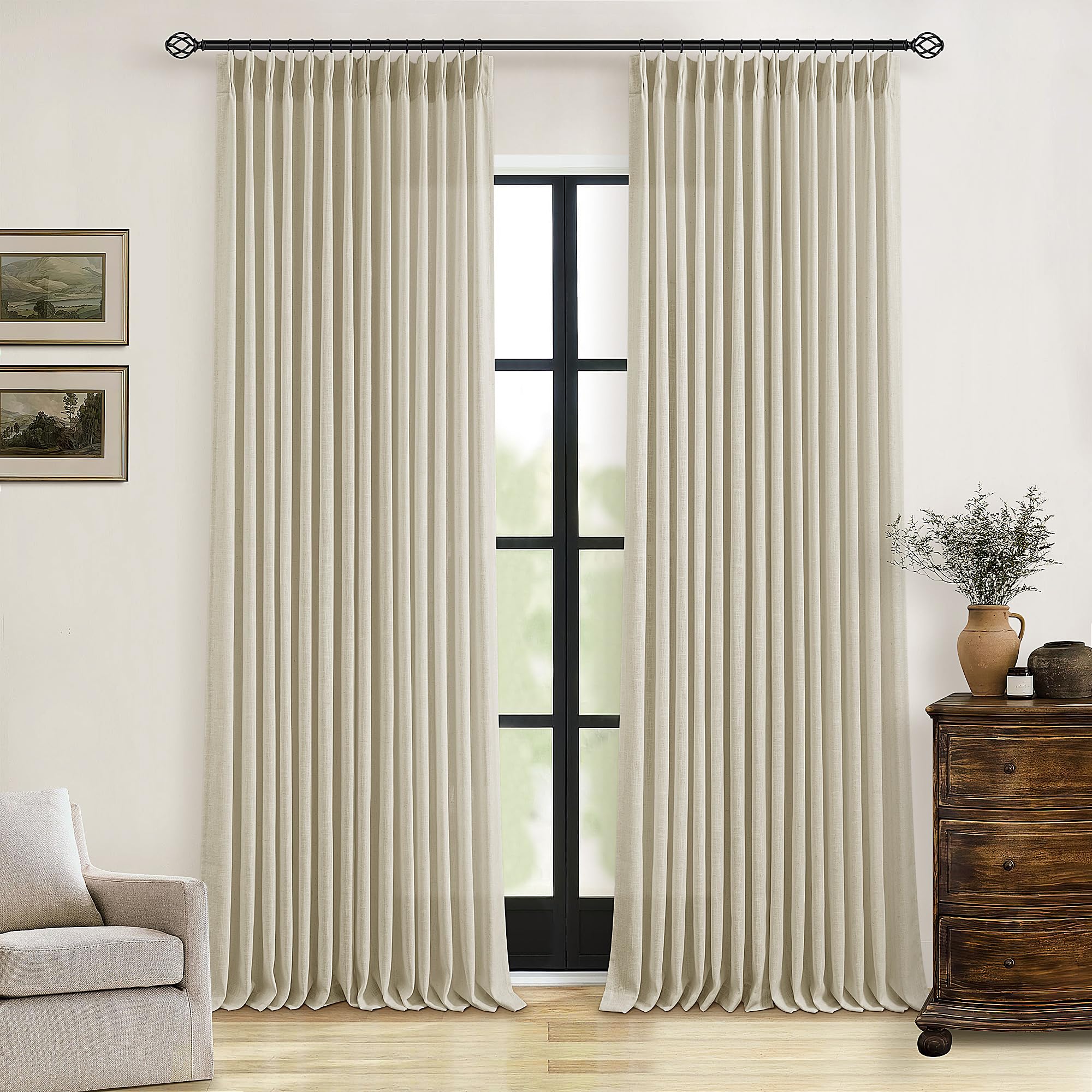 90 Inch Pinch Pleated Linen Curtains 2 Panel Set for Living Room Cream Natural Thick Linen Textured Drapes 90 Inches Long Pinch Pleat Drapes Birch Ivory Semi Sheer Curtain for Dining Bedroom Office